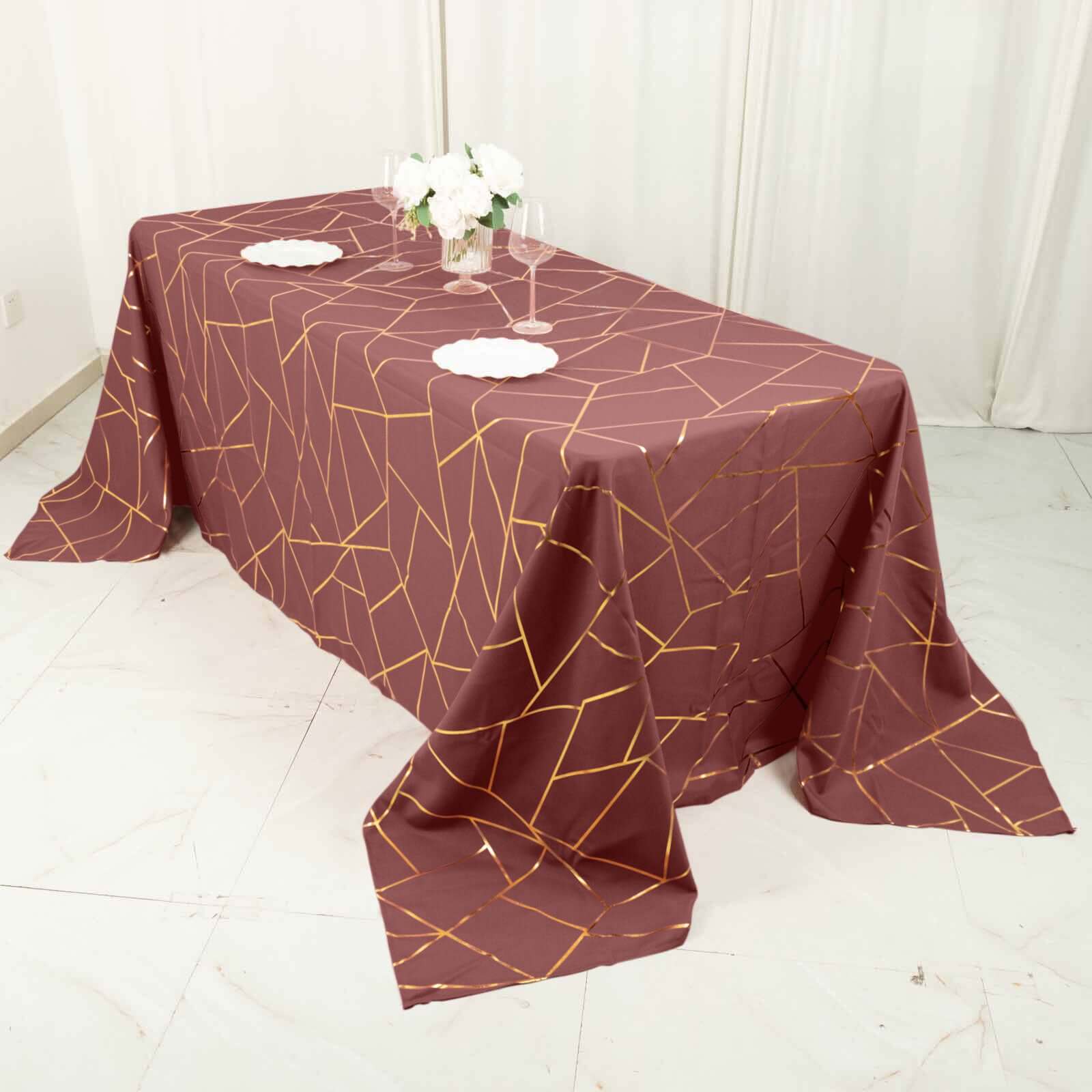 Polyester 60x132 Rectangle Tablecloth Cinnamon Rose with Gold Foil Geometric Pattern - Wrinkle-Resistant and Durable Table Cover for Weddings & Events