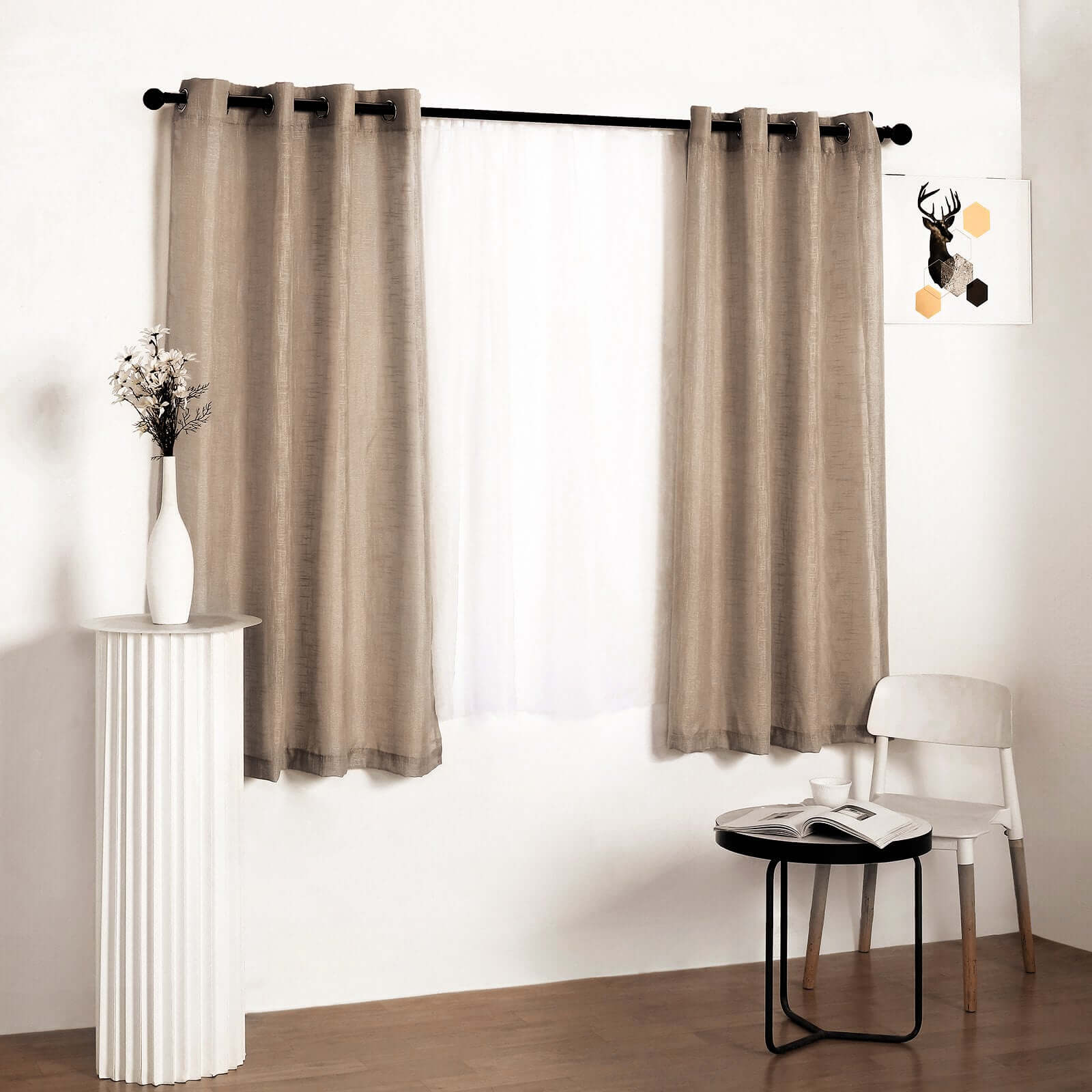 2 Pack Handmade Taupe Faux Linen Curtains 52x64, Curtain Panels With Chrome Grommets