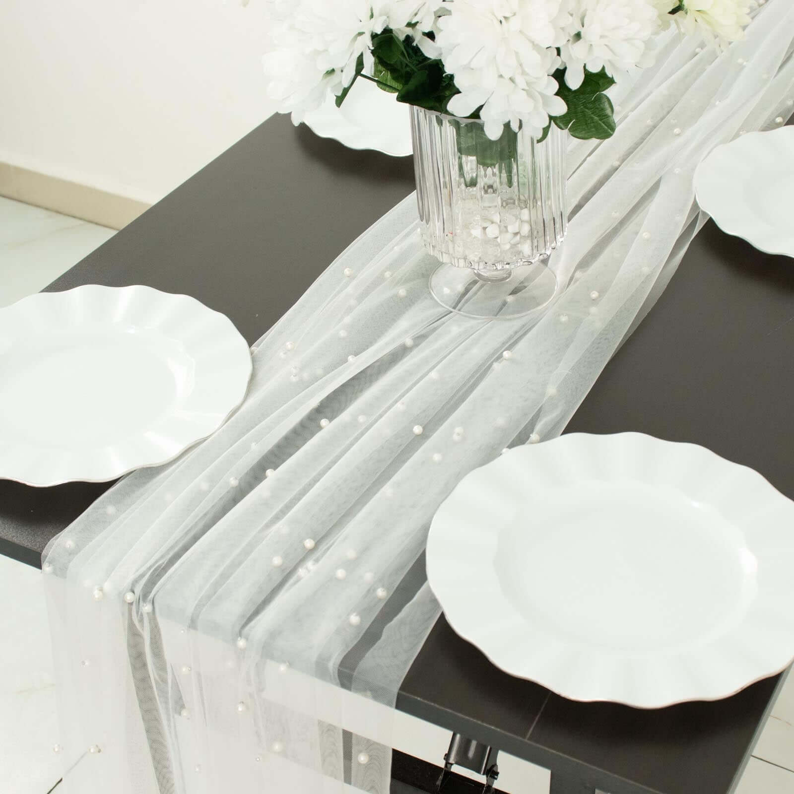 Sheer Tulle 48x120 Table Runner White Pearl Embellished - Stylish Wedding & Event Table Linen