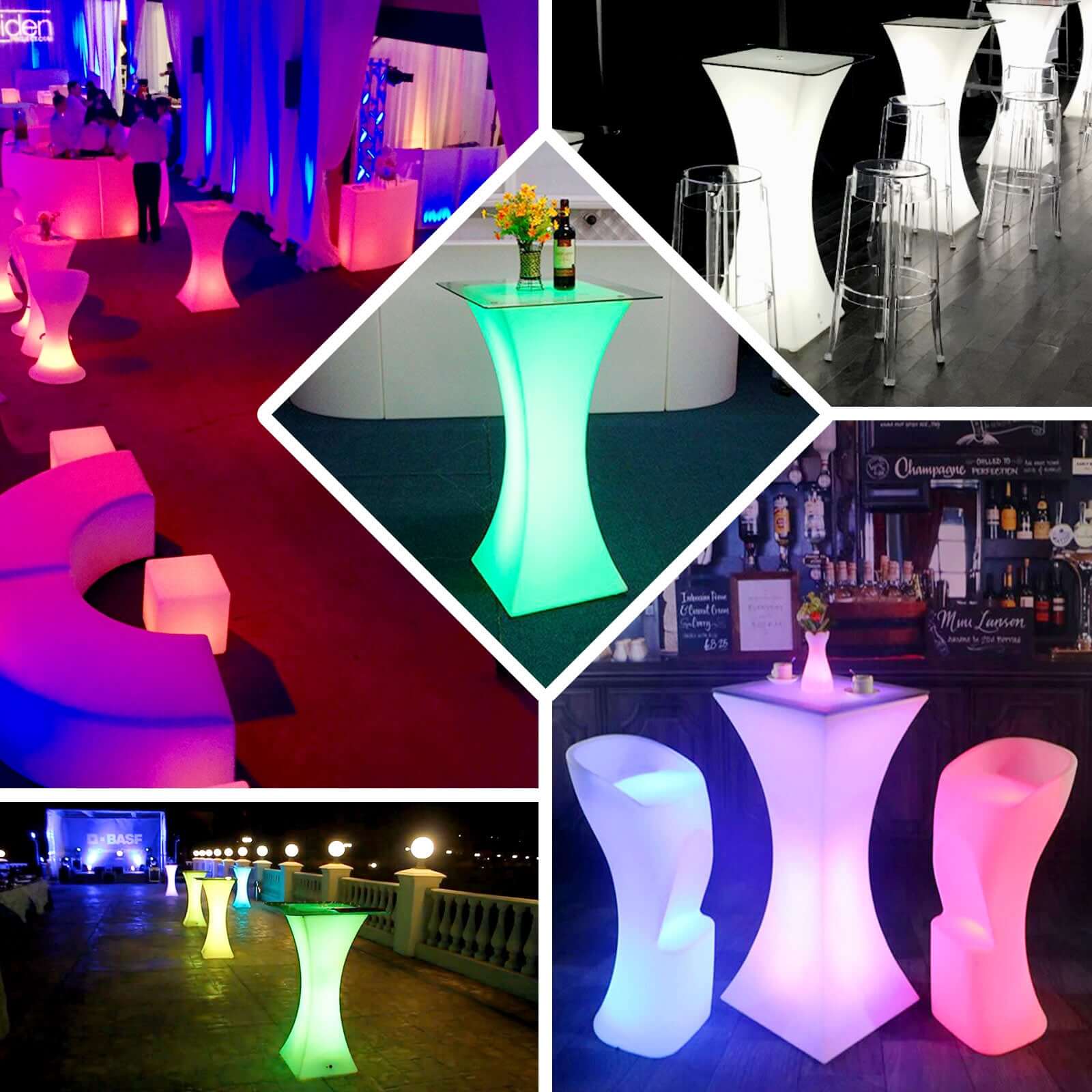 18x43 Color Changing Cordless LED Light Up Cocktail Table, Rechargeable Waterproof Illuminated Furniture