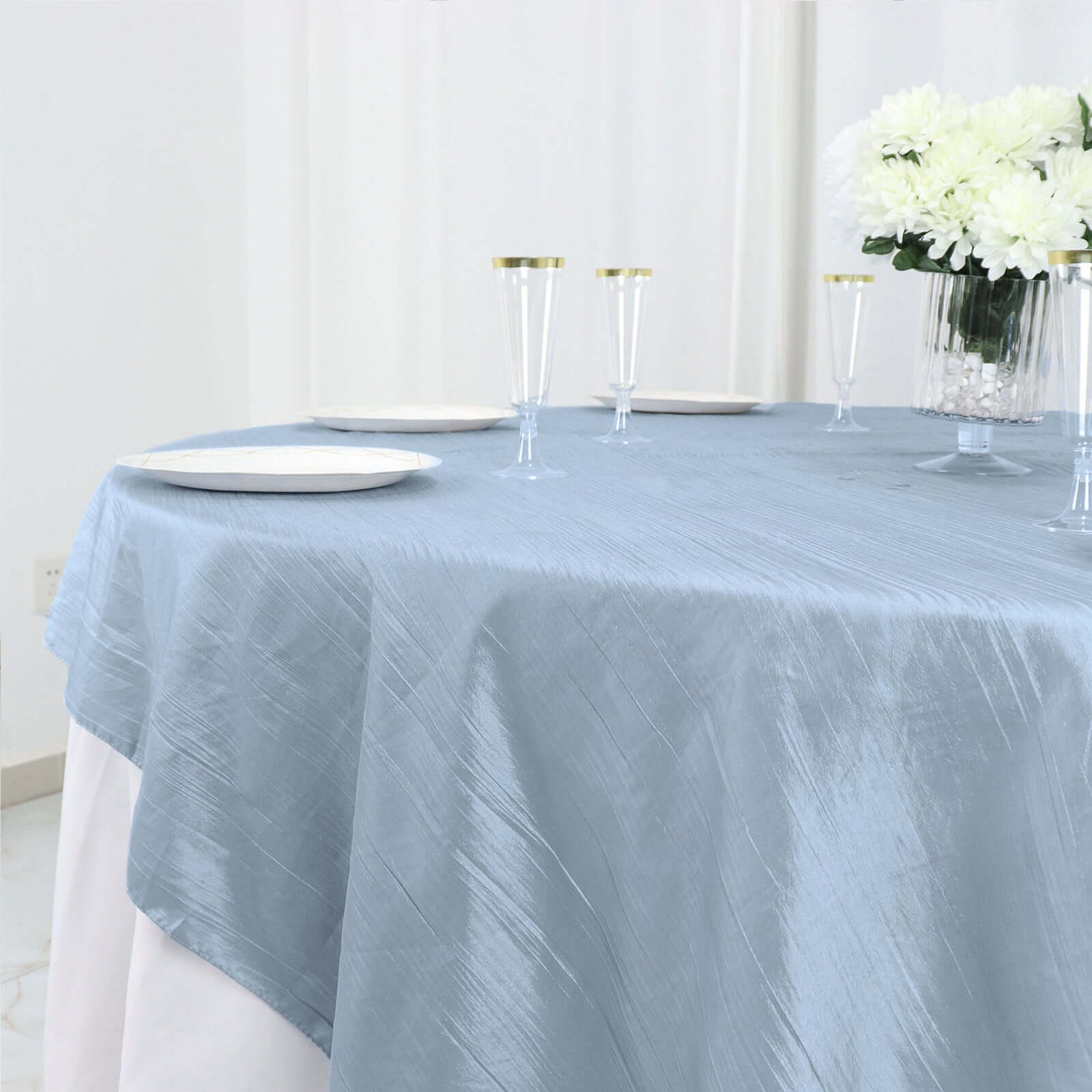 Taffeta 72x72 Table Overlay Square Tablecloth Dusty Blue - Accordion Crinkle Table Cover