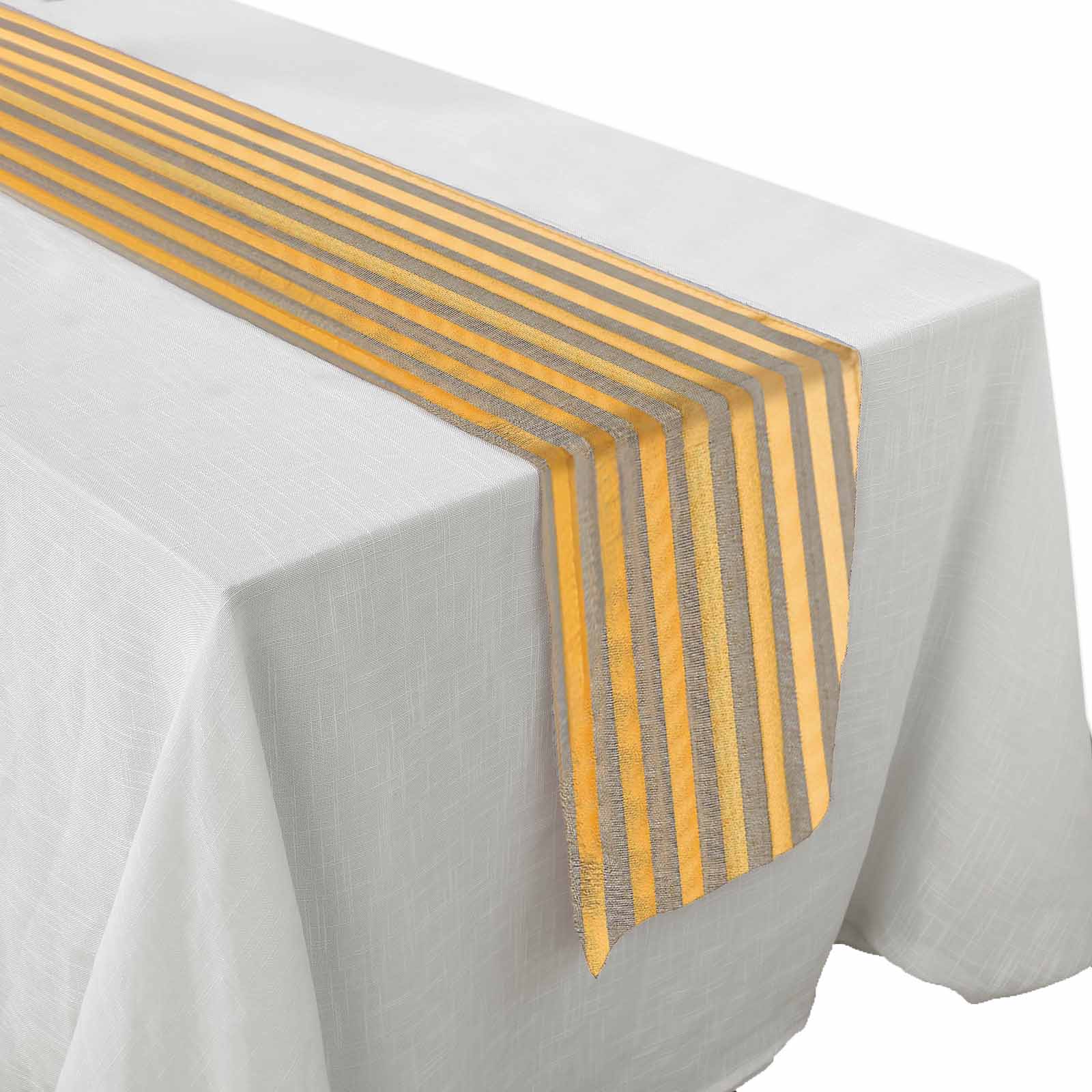 Faux Jute Burlap 12x108 Table Runner Taupe with Gold Stripes - Rustic Farmhouse Table Linen