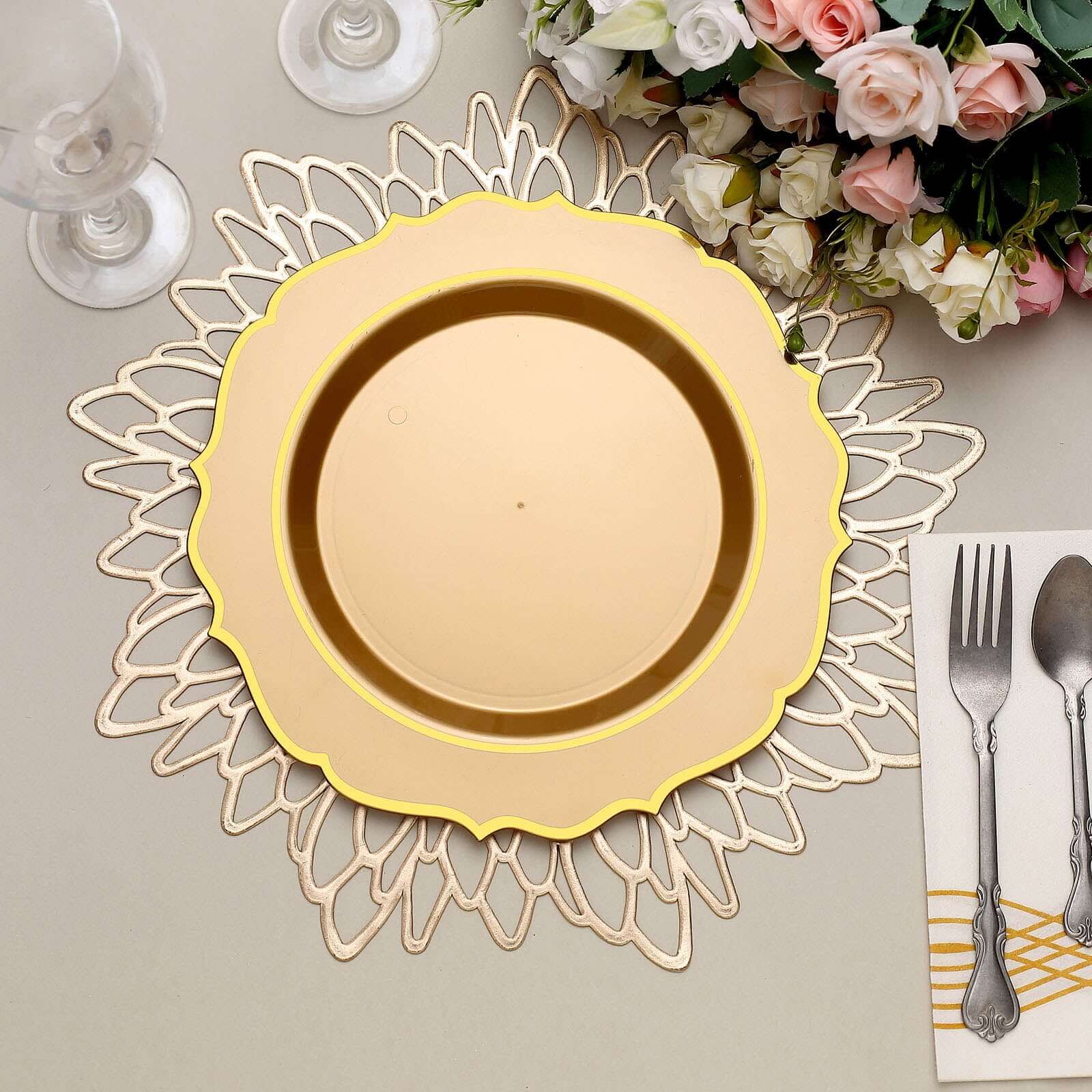 10-Pack Plastic 10 Round Dinner Plates in Gold with Gold Scalloped Rim - Disposable Party Plates