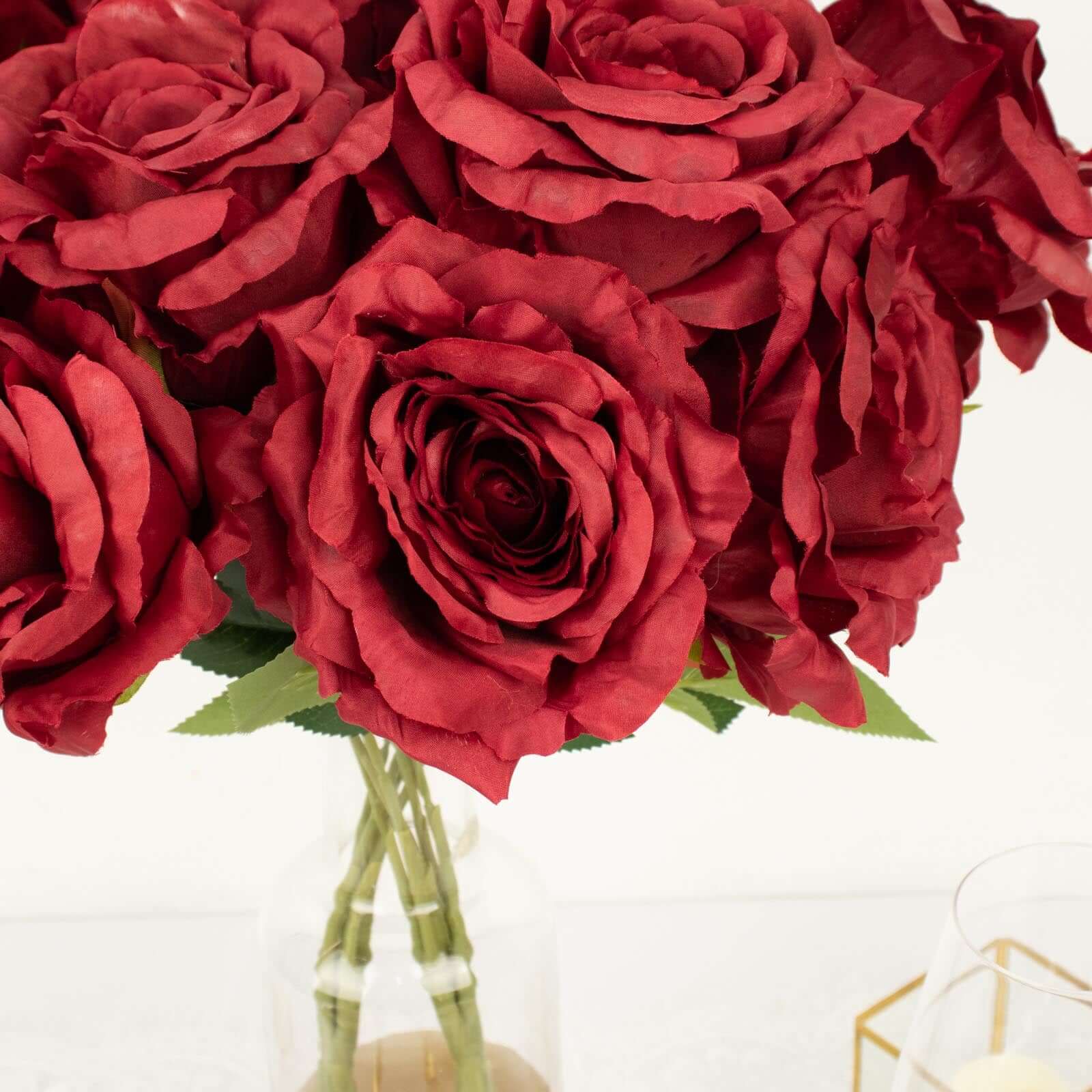 2 Bushes 17 Burgundy Premium Silk Jumbo Rose Flower Bouquet, High Quality Artificial Wedding Floral Arrangements