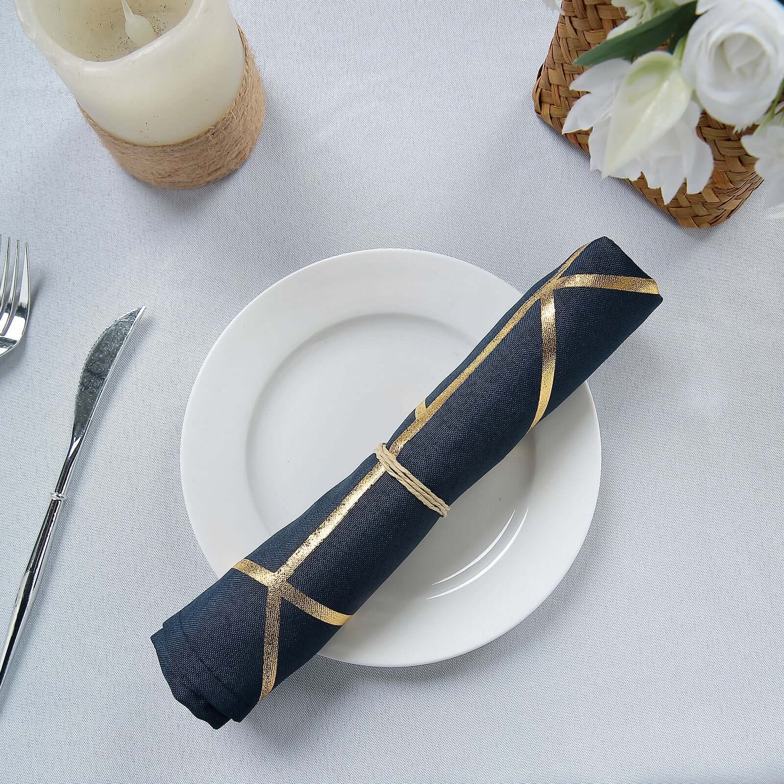 5 Pack Polyester 20x20 Napkins Navy Blue with Gold Geometric Foil Pattern - Modern Reusable Dinner Napkins