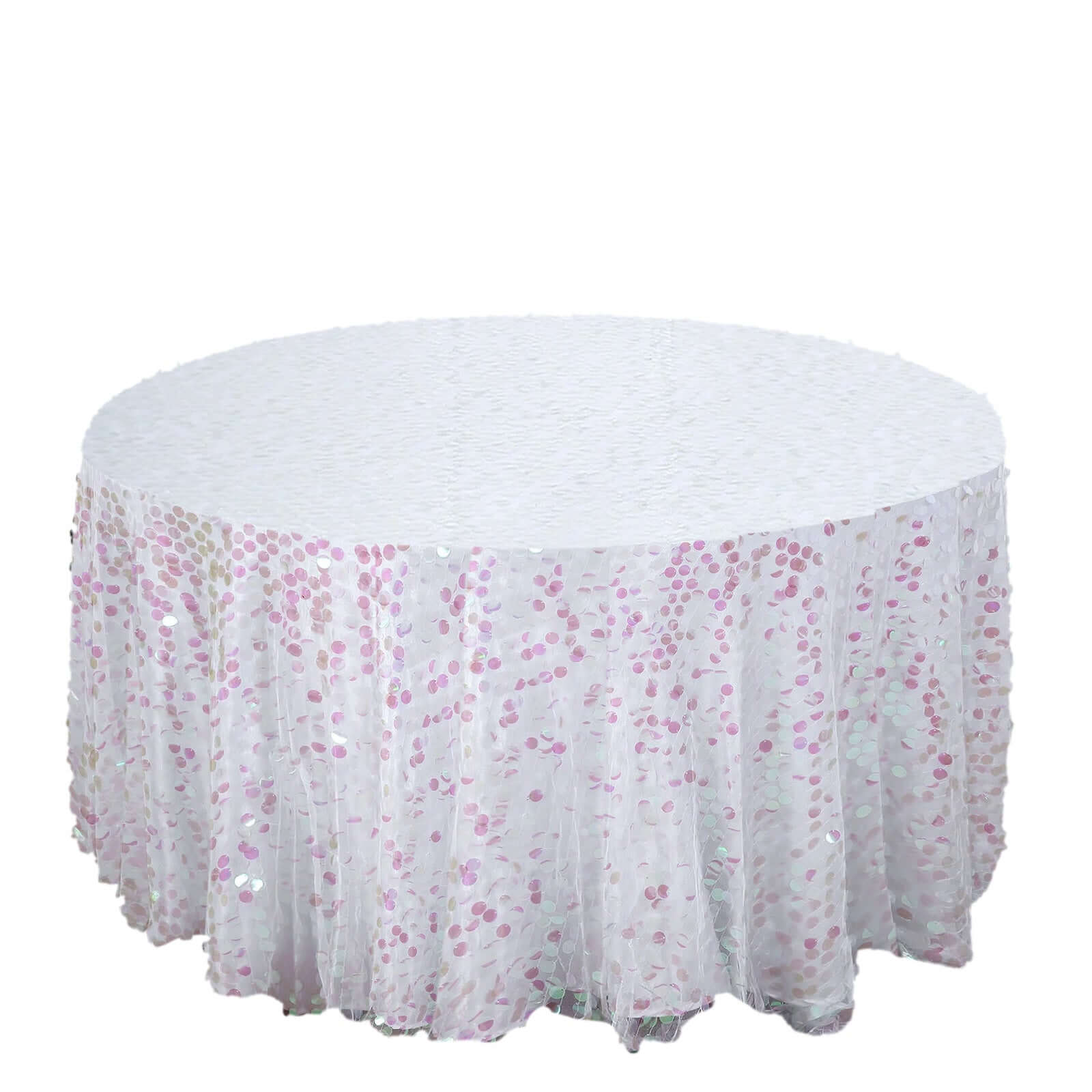 120 Iridescent Seamless Big Payette Sequin Round Tablecloth Collection for 5 Foot Table With Floor-Length Drop