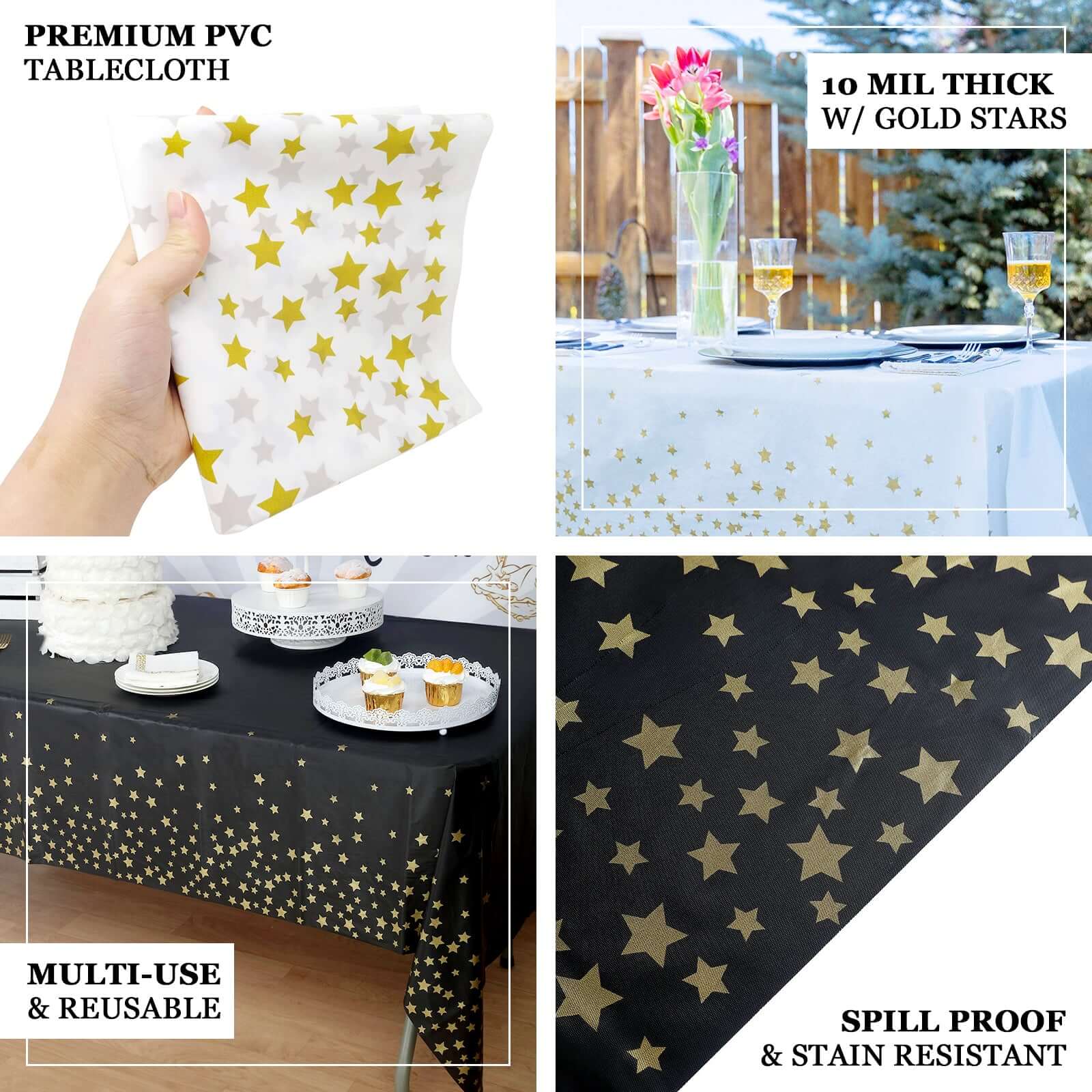 5-Pack Plastic Table Covers White Rectangle with Gold Stars - Decorative PVC Disposable Tablecloths 54x108