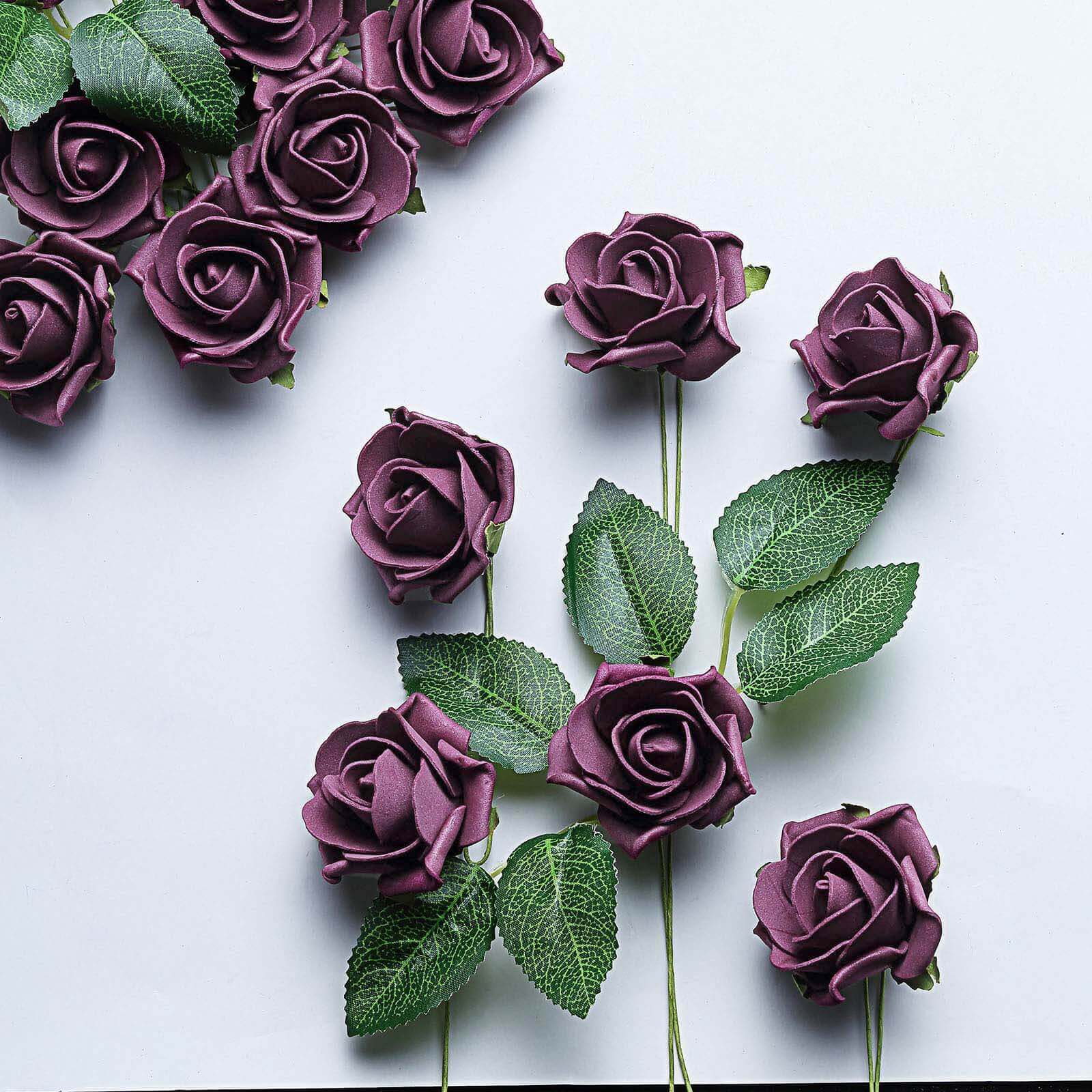 24 Roses 2 Eggplant Artificial Foam Flowers With Stem Wire and Leaves