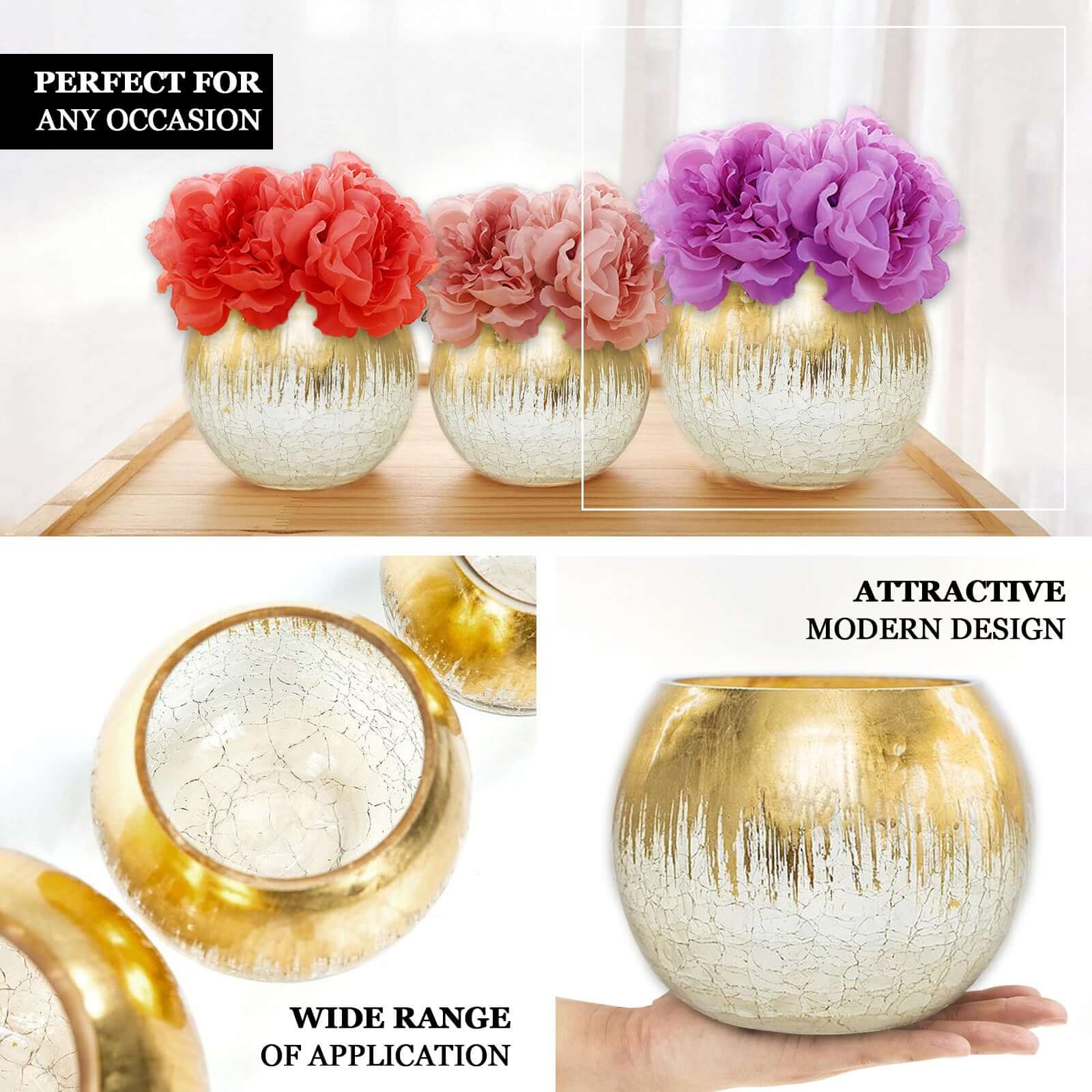 Glass Flower Vase Gold Foiled Crackle Bubble - Stylish Centerpiece for Events 4.5