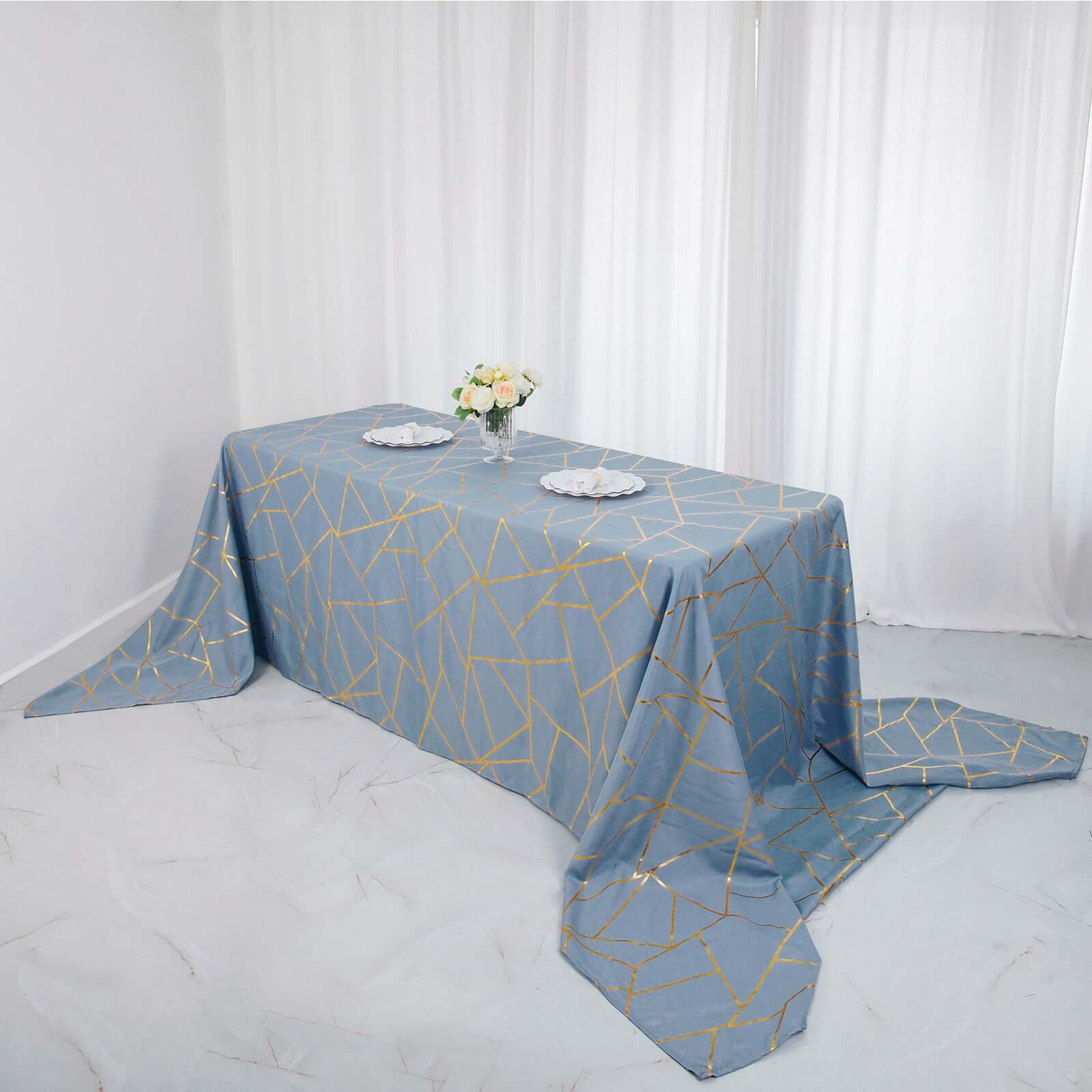 Polyester 90x156 Rectangle Tablecloth Dusty Blue Seamless with Gold Foil Geometric Pattern - Wrinkle-Resistant Seamless Table Cover for Sophisticated Events