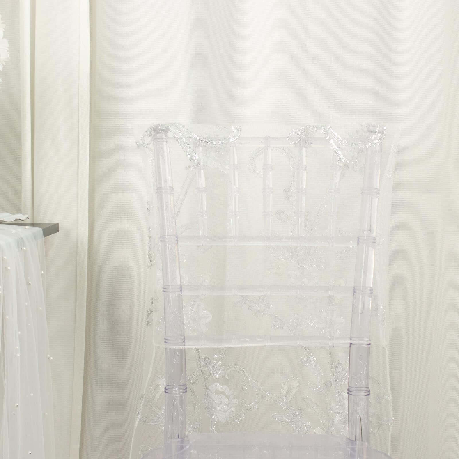 Organza Chiavari Chair Slipcover with Floral Sequin Embroidery White - Stylish Lace Chair Back Cover for Weddings