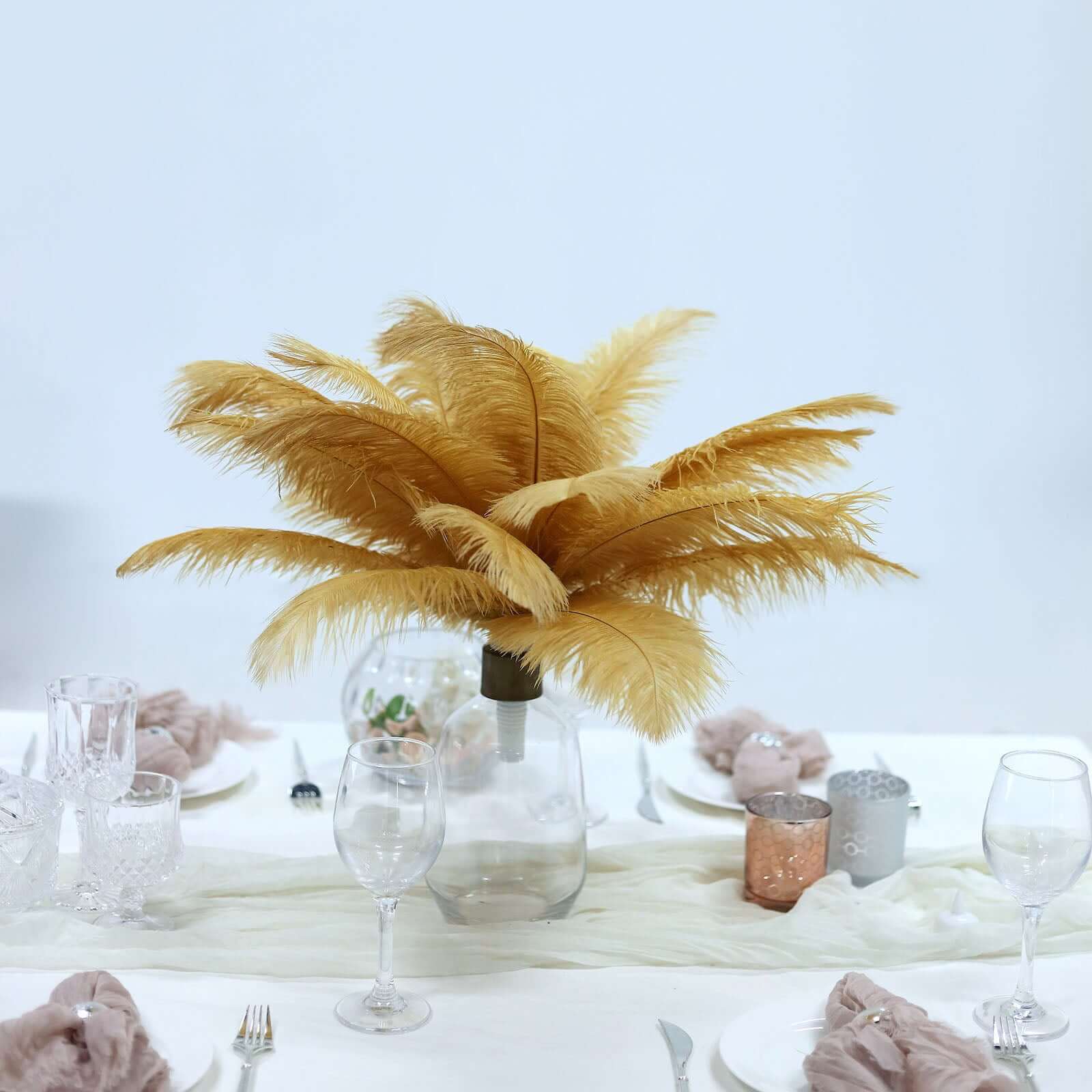 12 Pack 13-15 Gold Natural Plume Real Ostrich Feathers, DIY Centerpiece Fillers