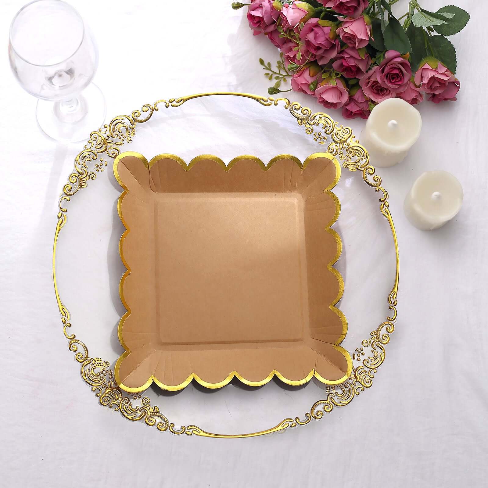 25-Pack Paper 9 Square Dinner Plates in Natural Brown with Gold Scalloped Rim - Disposable Party Plates for Rustic Gatherings & Chic Events