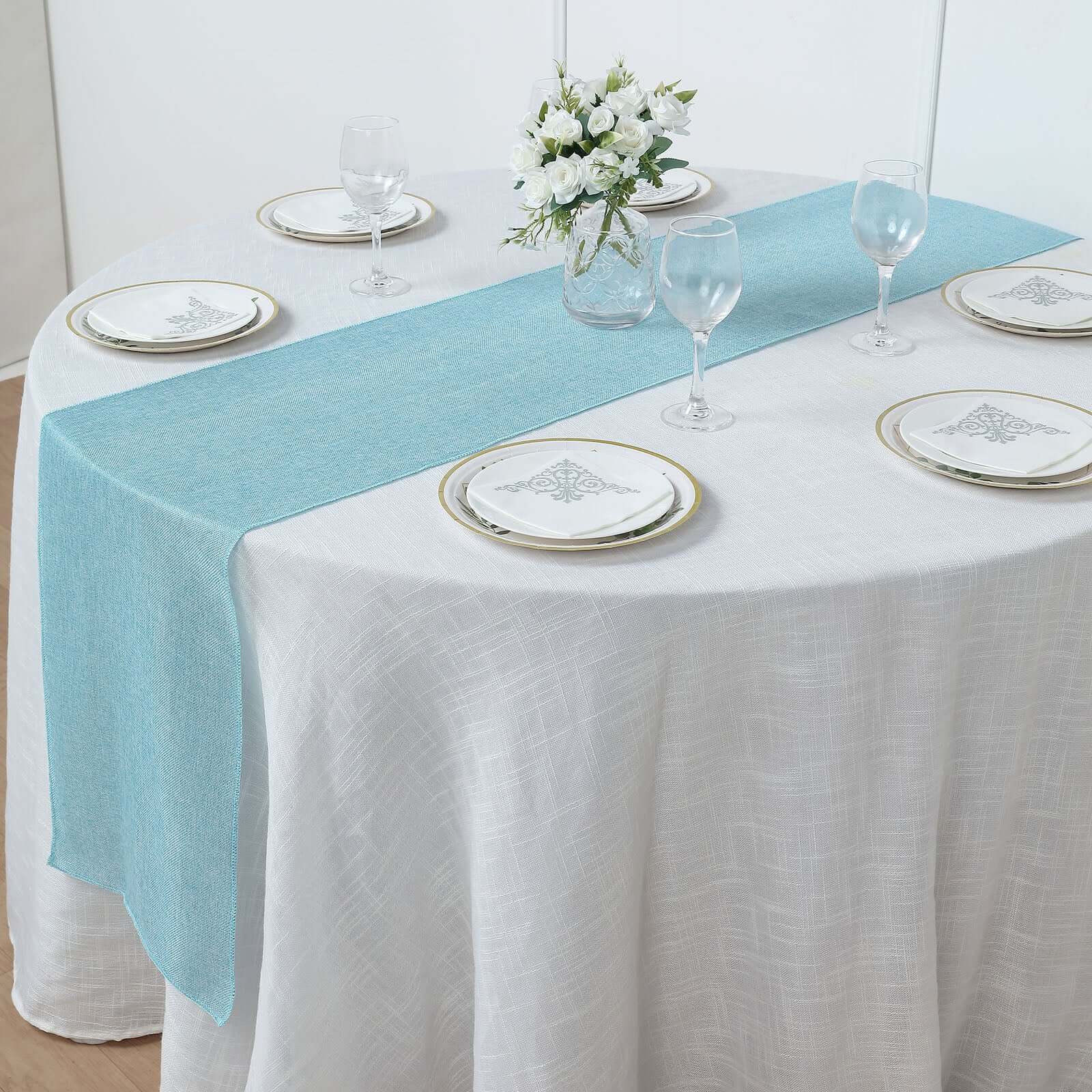 14x108 Turquoise Boho Chic Rustic Faux Burlap Cloth Table Runner