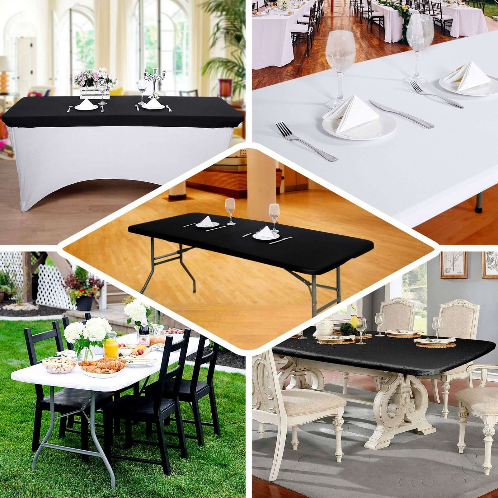 Stretch Spandex 72x30 Rectangle Tablecloth Top Cover Black - Durable Fitted Table Topper Cap