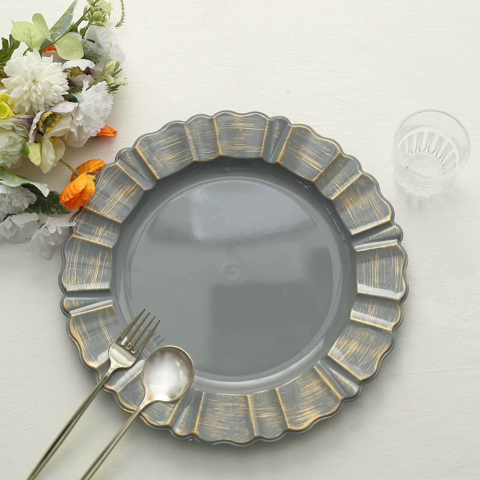 6-Pack Acrylic Plastic Round Charger Plates 13 in Charcoal Gray with Gold Brushed Wavy Scalloped Rim, Decorative Dinner Party Charger Tableware