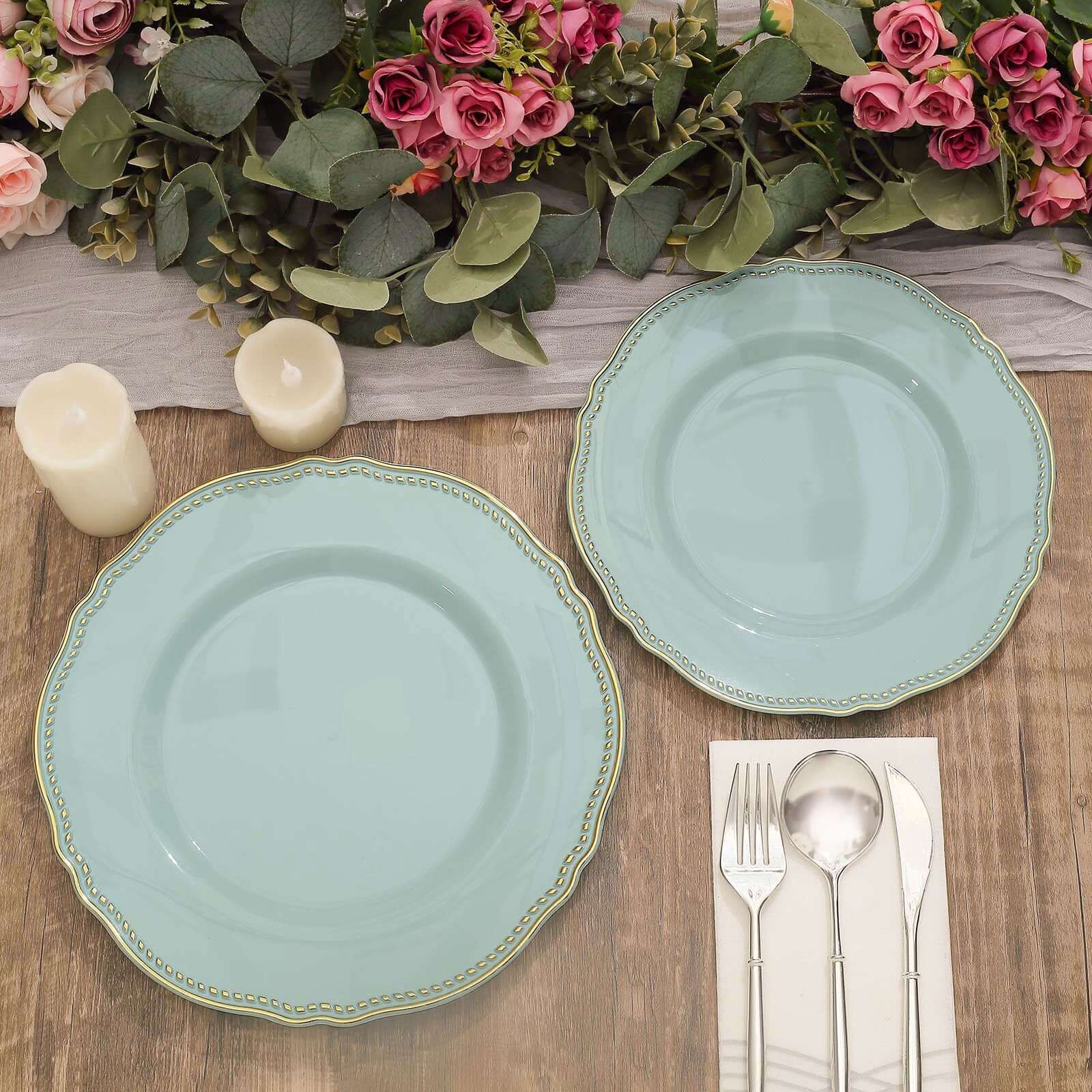 10-Pack Plastic 10 Dinner Plates in Jade with Gold Scalloped Rim - Disposable Large Party Plates