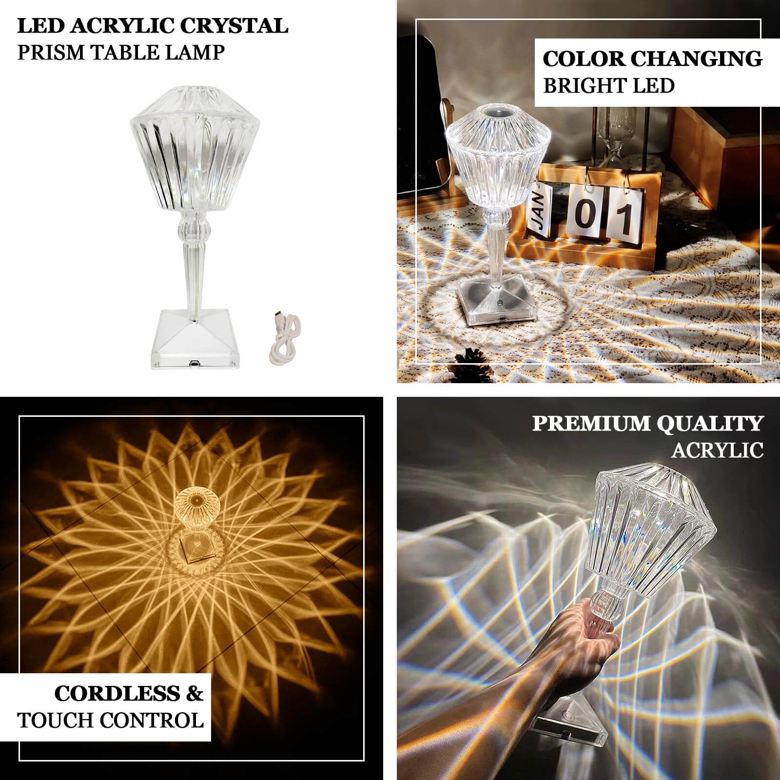 LED Acrylic Table Lamp Prism Design Color Changing - Rechargeable Cordless Touch Control Accent Light 10