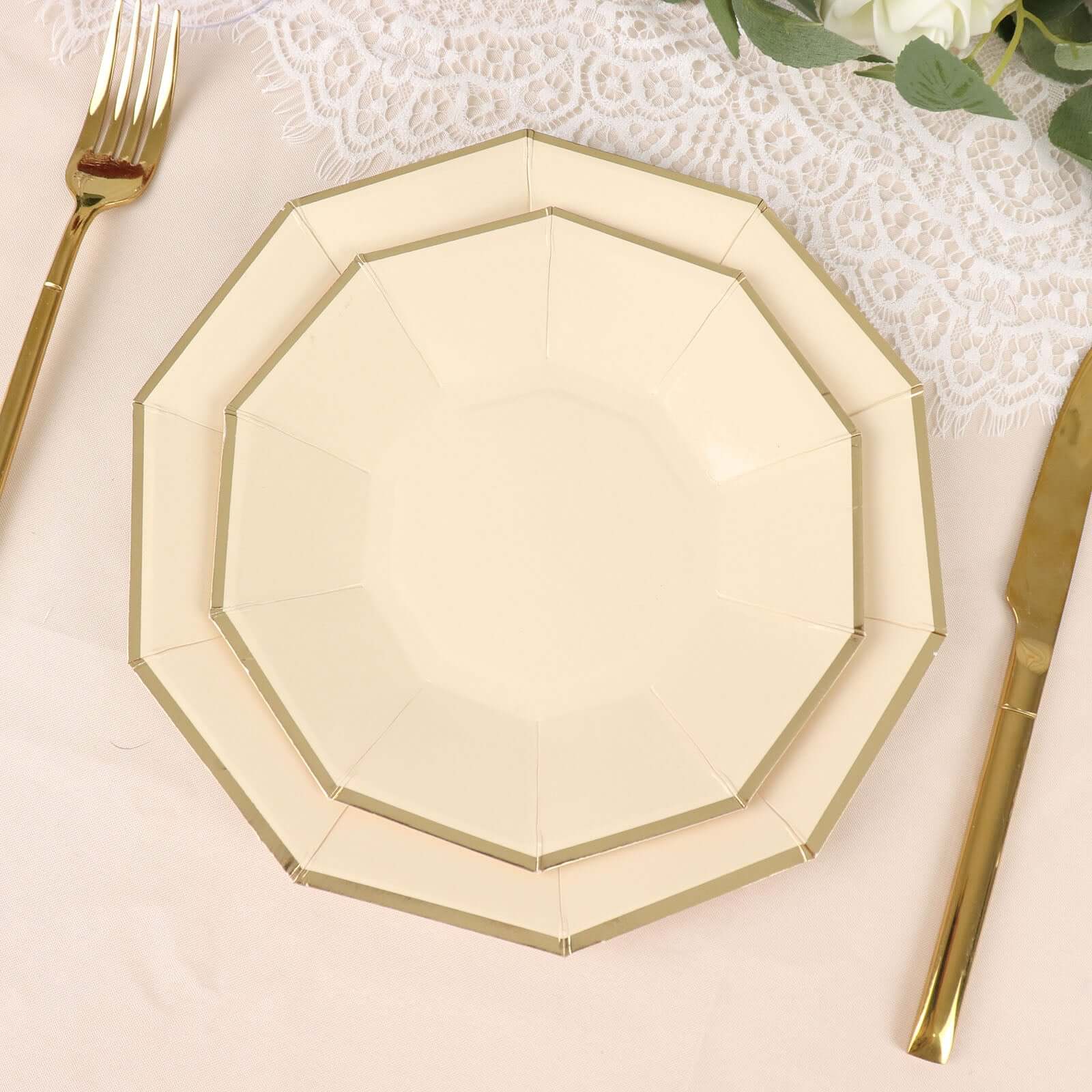 25-Pack Paper 7 Decagon Appetizer Plates in Beige with Gold Foil Rim - Stylish Geometric Dessert/Salad Plates for Cocktail Parties & Receptions