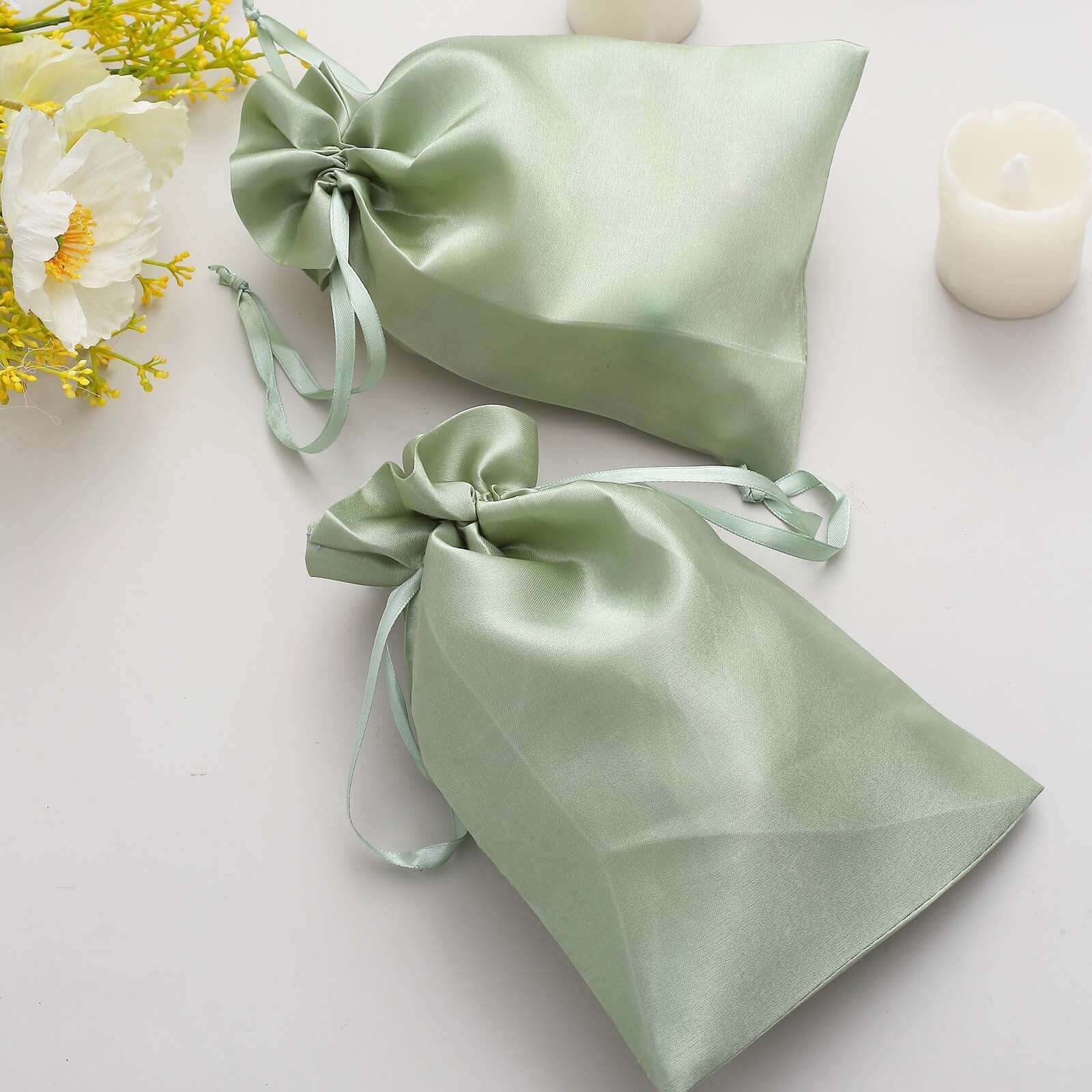 12 Pack 6x9 Sage Green Satin Wedding Party Favor Bags, Drawstring Pouch Gift Bags