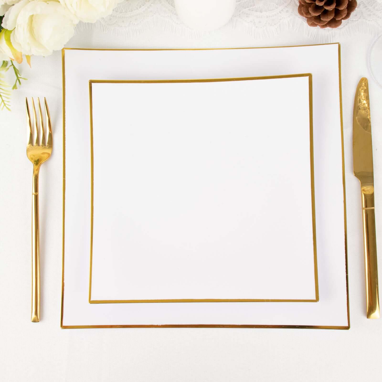 10-Pack Plastic 8 Square Dessert Plates in White Concave Style with Gold Rim - Modern Disposable Salad Appetizer Party Plates for Weddings & Special Events