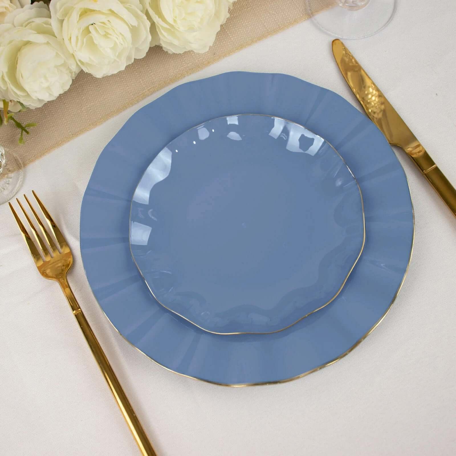 10-Pack Plastic Round 6 Dessert Plates in Ocean Blue Ruffled Rim with Gold Edging - Sturdy Disposable Salad Appetizer Dinnerware