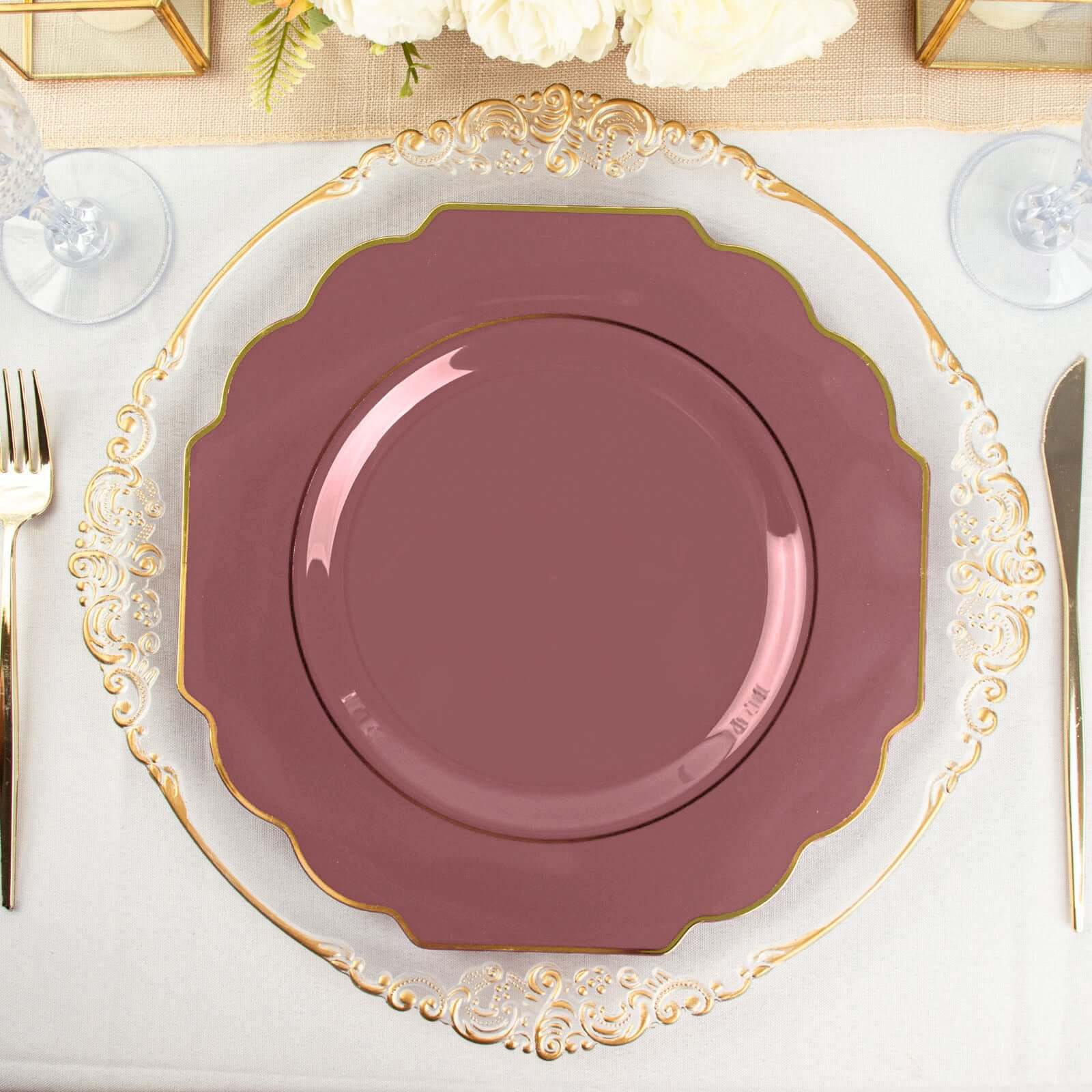 10-Pack Plastic Dinner Plates in Cinnamon Rose Baroque Design with Scalloped Gold Rim - Heavy Duty Disposable Party Plates 11