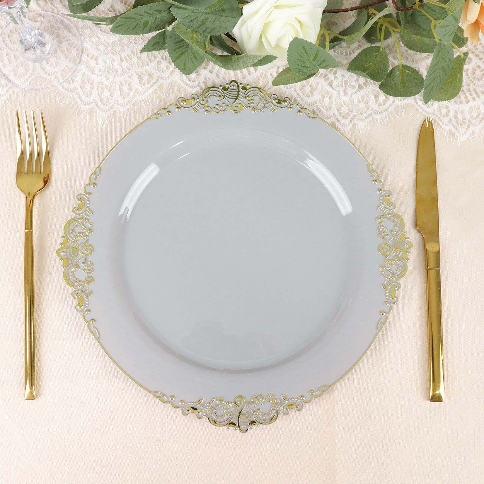 10-Pack Plastic 10 Round Dinner Plates in Gray with Gold Leaf Embossed Rim - Disposable Vintage Baroque Style Plates