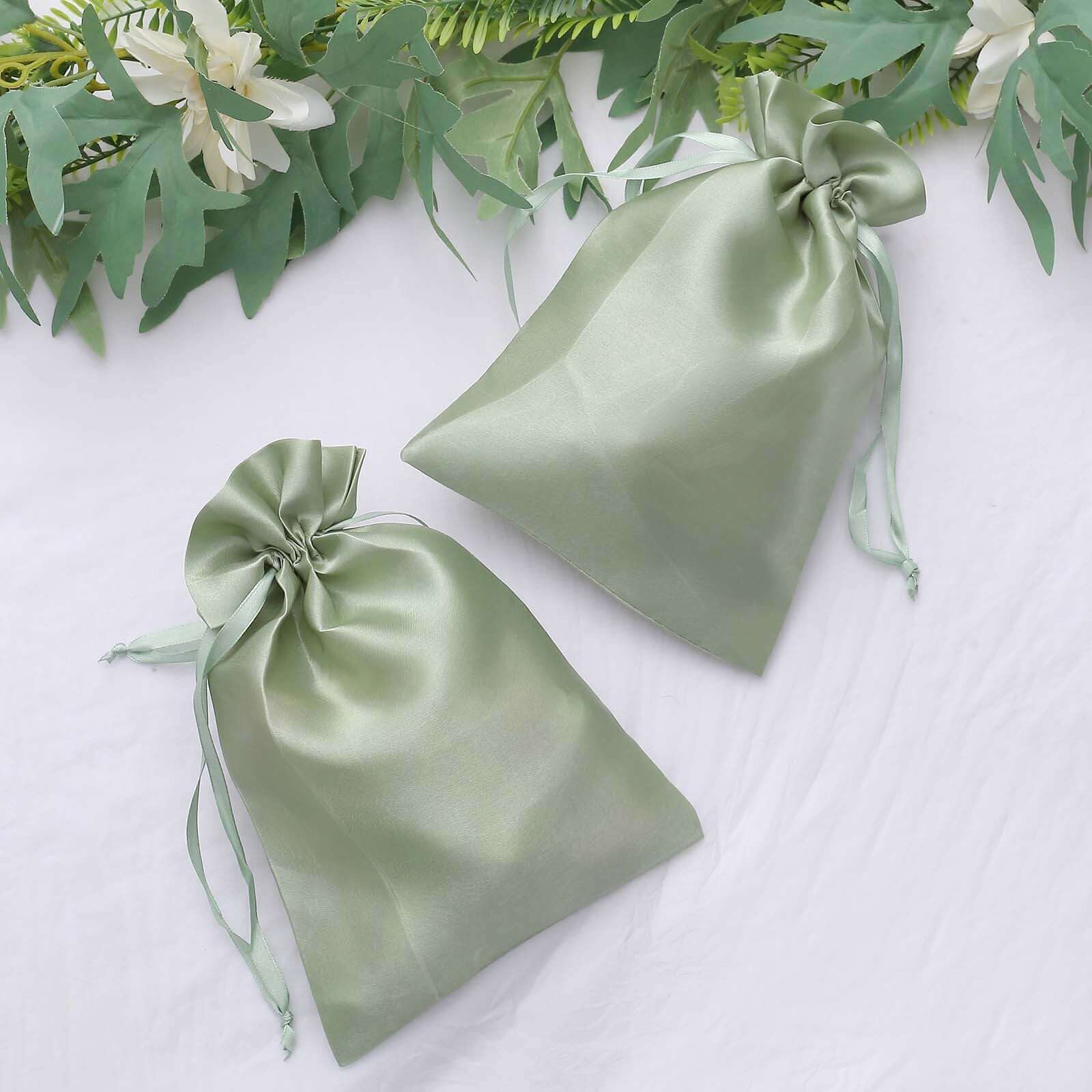 12 Pack 6x9 Sage Green Satin Wedding Party Favor Bags, Drawstring Pouch Gift Bags