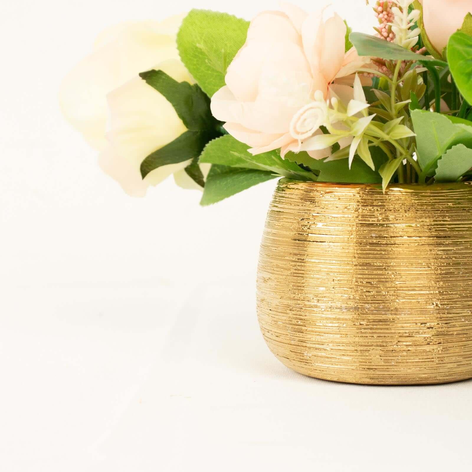 4-Pack Flower Vase Pots Textured Round Design Gold - Ceramic Brushed Indoor Planters 3