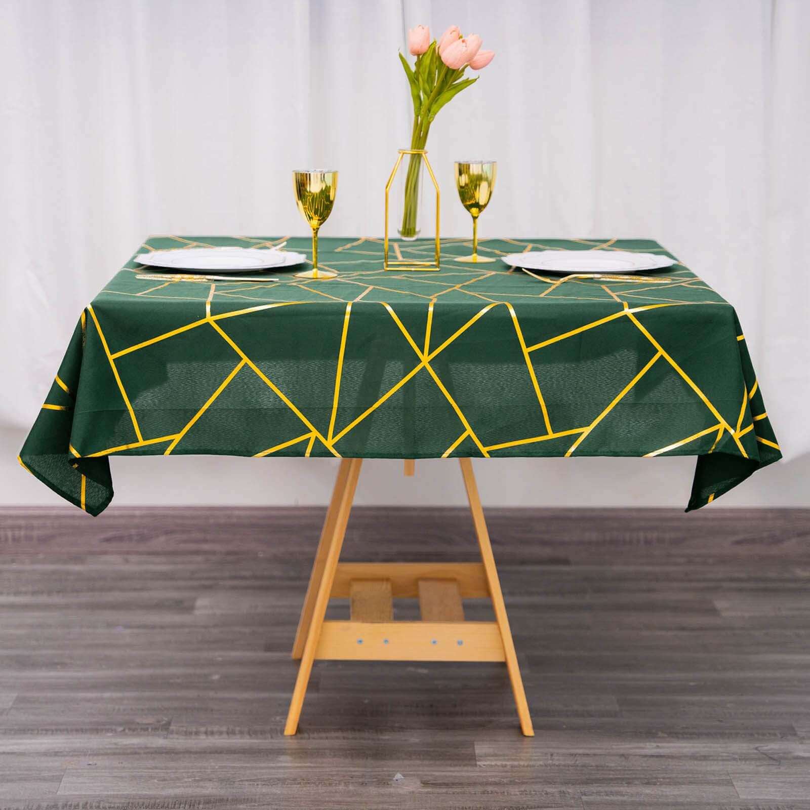 Polyester 54x54 Square Tablecloth Hunter Emerald Green with Gold Foil Geometric Pattern - Wrinkle-Resistant & Durable Table Cover