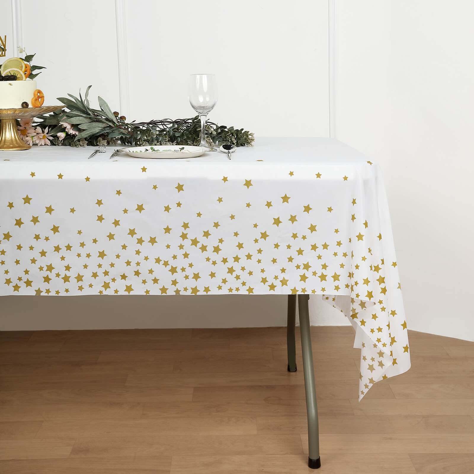 5-Pack Plastic Table Covers White Rectangle with Gold Stars - Decorative PVC Disposable Tablecloths 54x108