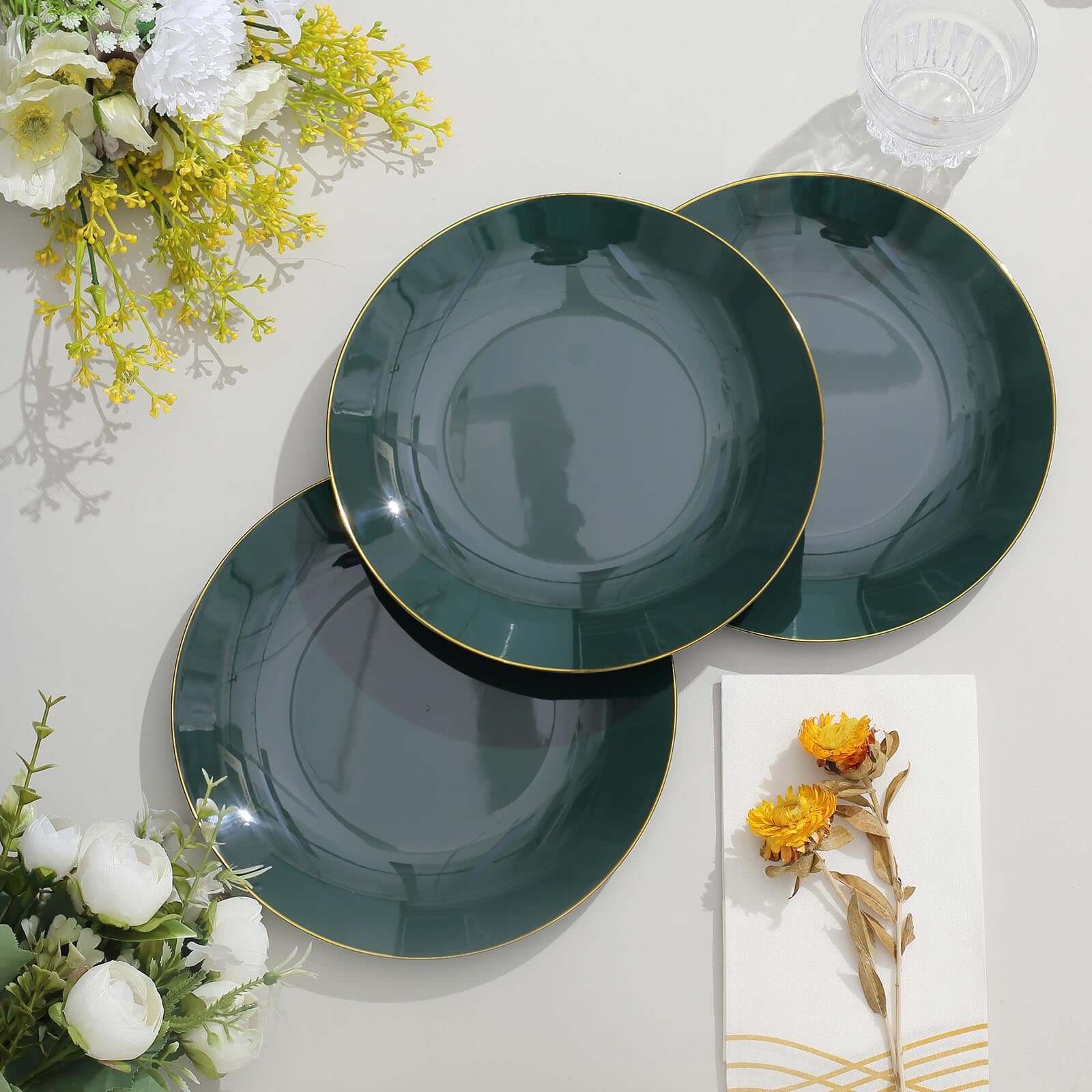 10-Pack Plastic 8 Round Dessert Plates in Hunter Emerald Green with Gold Rim - Glossy Disposable Appetizer Salad Plates