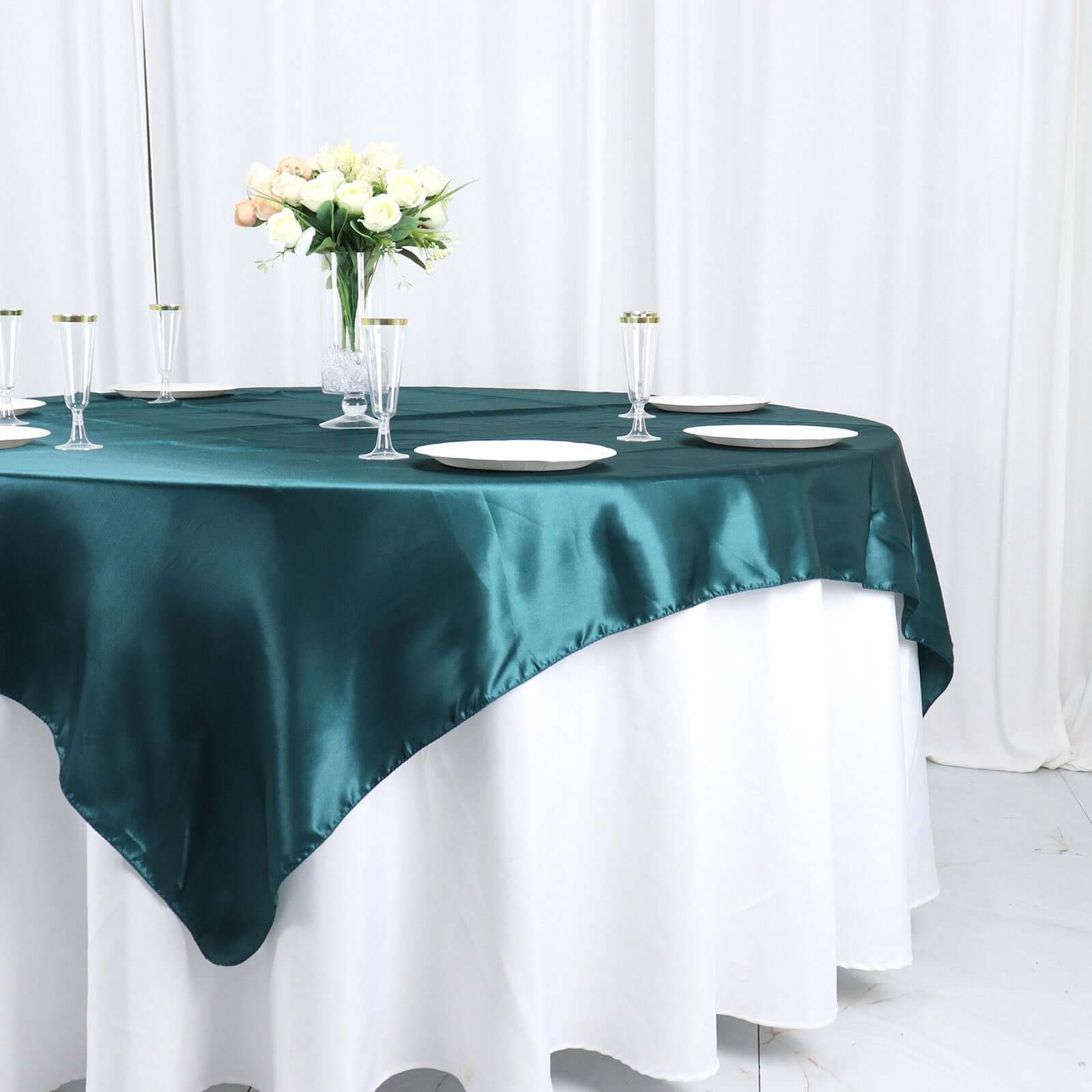 Satin 72x72 Table Overlay Square Tablecloth Peacock Teal - Smooth Finish Table Cover