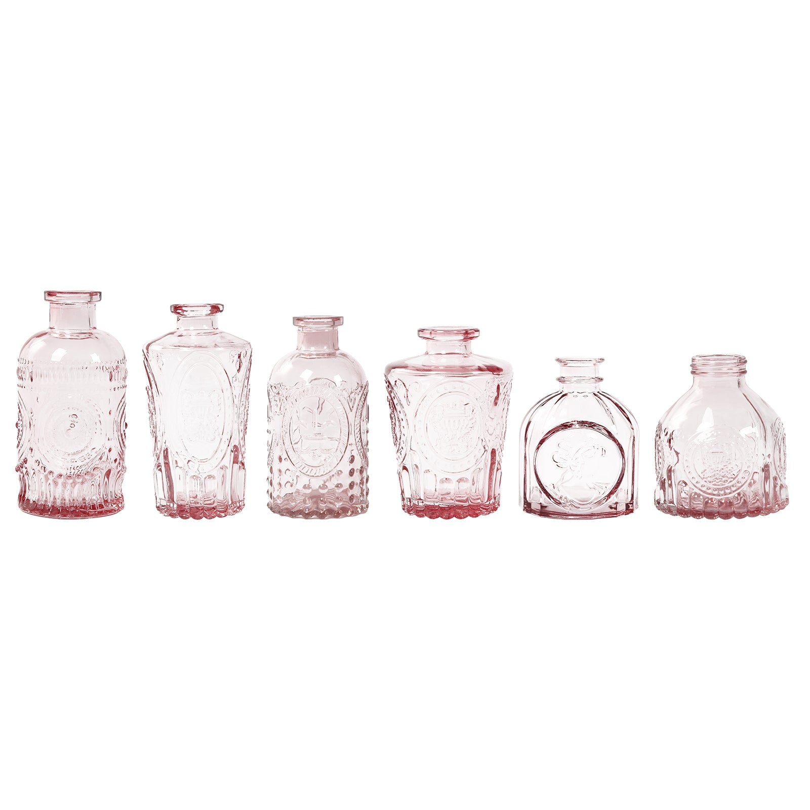 Set of 6 Embossed Glass Bud Vases Vintage Dusty Rose - Apothecary Style Decorative Table Centerpieces