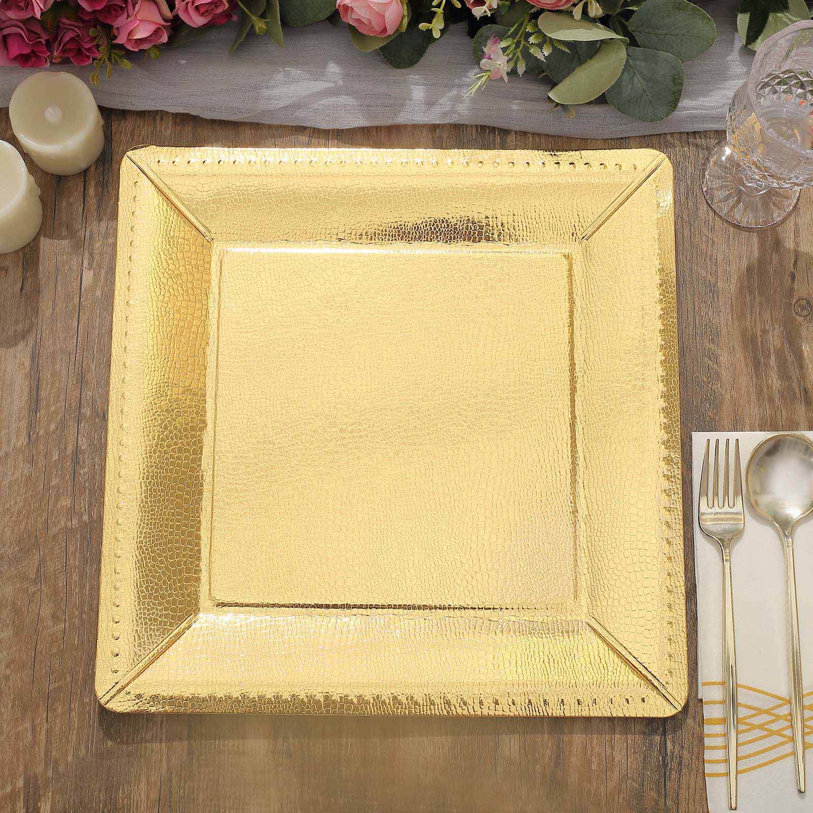 10-Pack Disposable Square Charger Plates in Gold with Leather Like Texture - 1100GSM Durable Paper Chargers 13