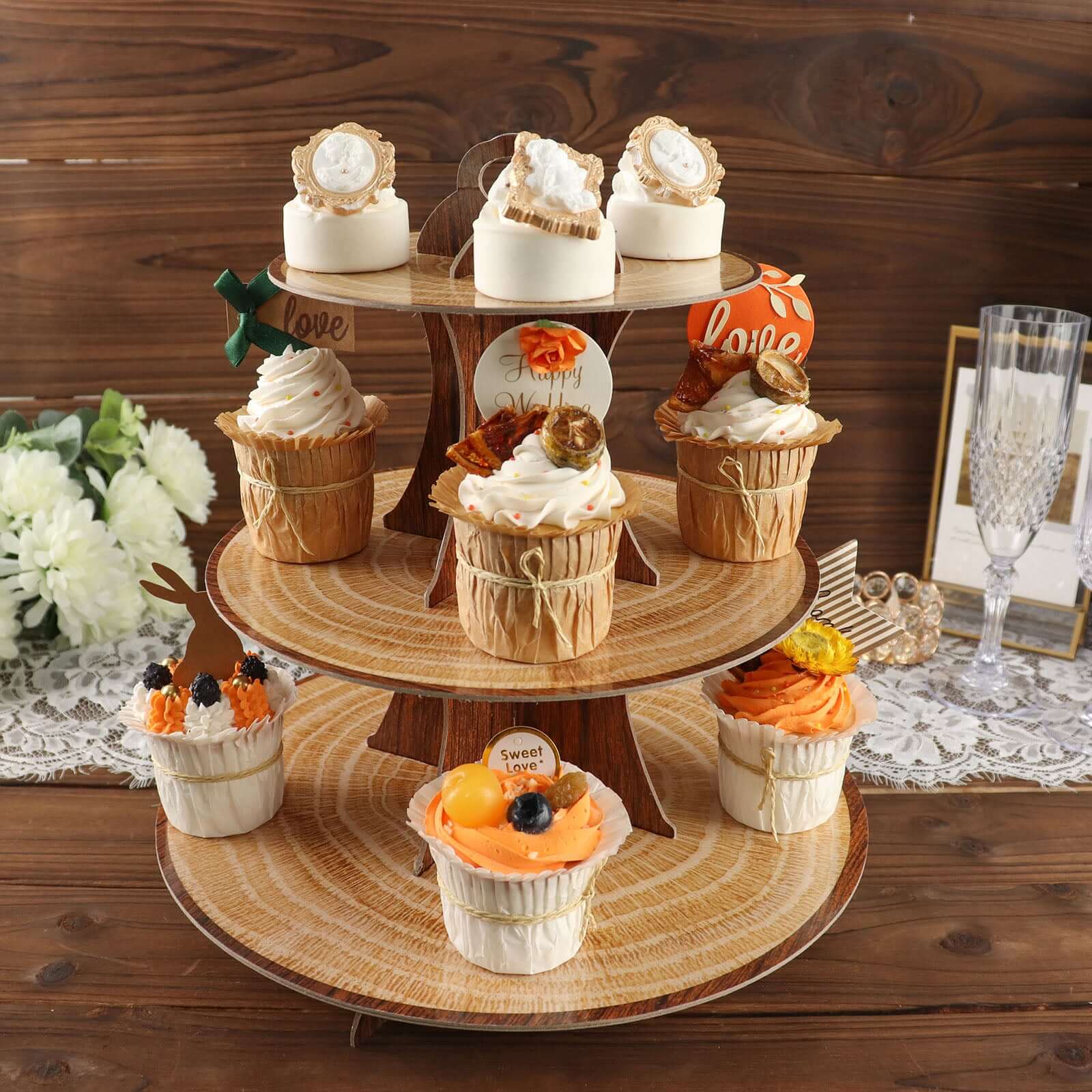 3-Tier Cardboard Cupcake Stand Natural Wood Plank Print - Reusable Dessert Table Display Tower for Classy Birthday Wedding Party Decoration 14