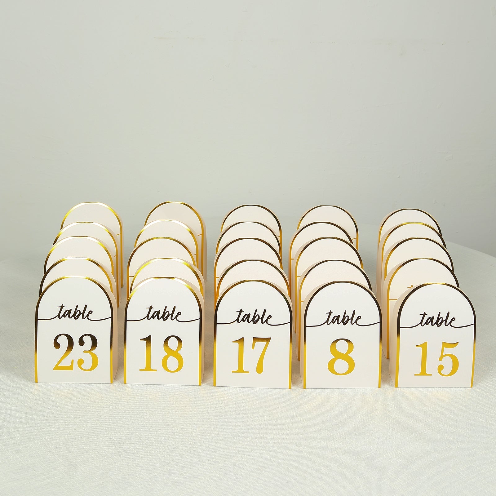 25-Pack Paper Wedding Table Numbers 1-25 White Arch Cutout Design - Sleek & Modern Free Standing Double Sided Table Tent Cards with Metallic Gold Foil Numbers 7