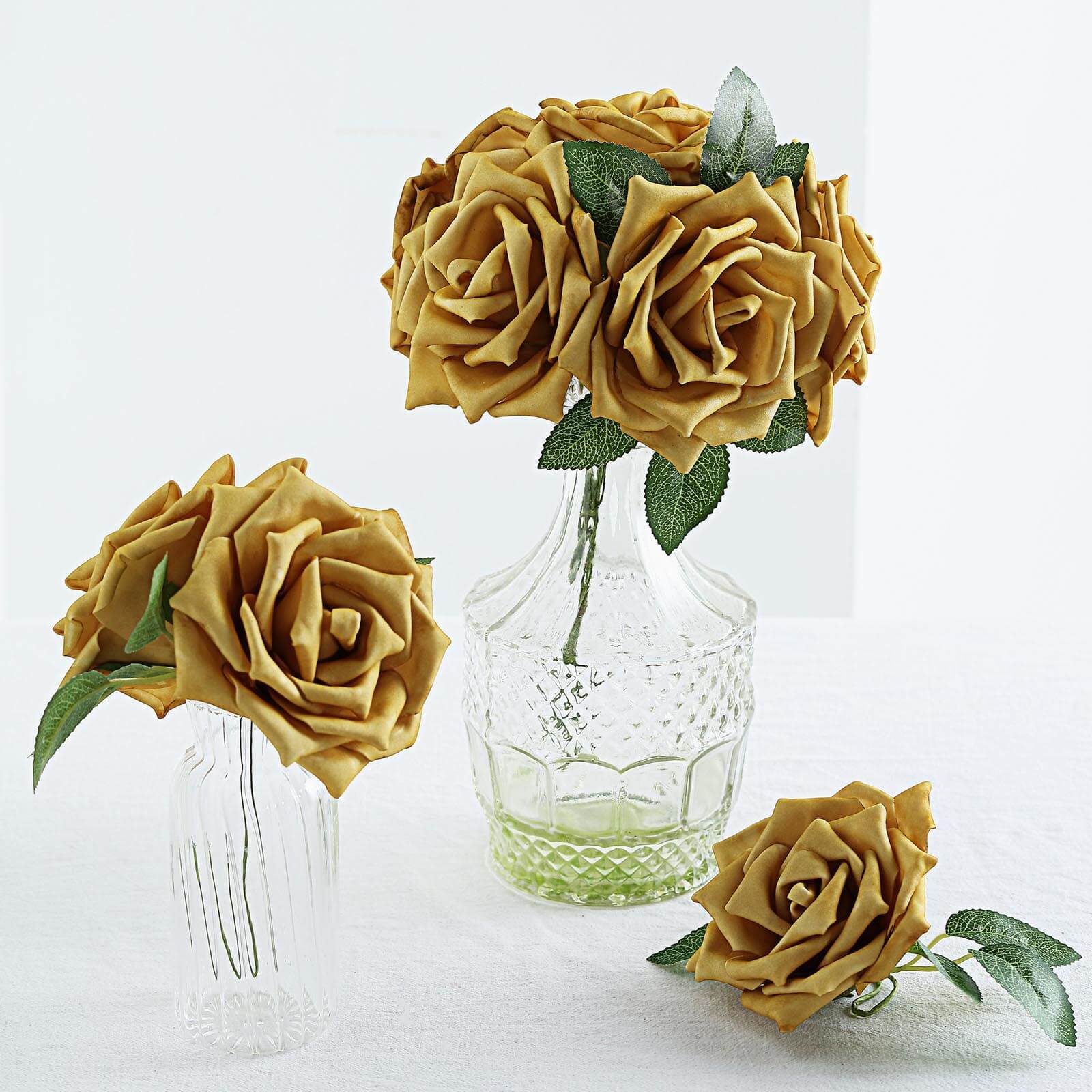 24 Roses 5 Gold Artificial Foam Flowers With Stem Wire and Leaves