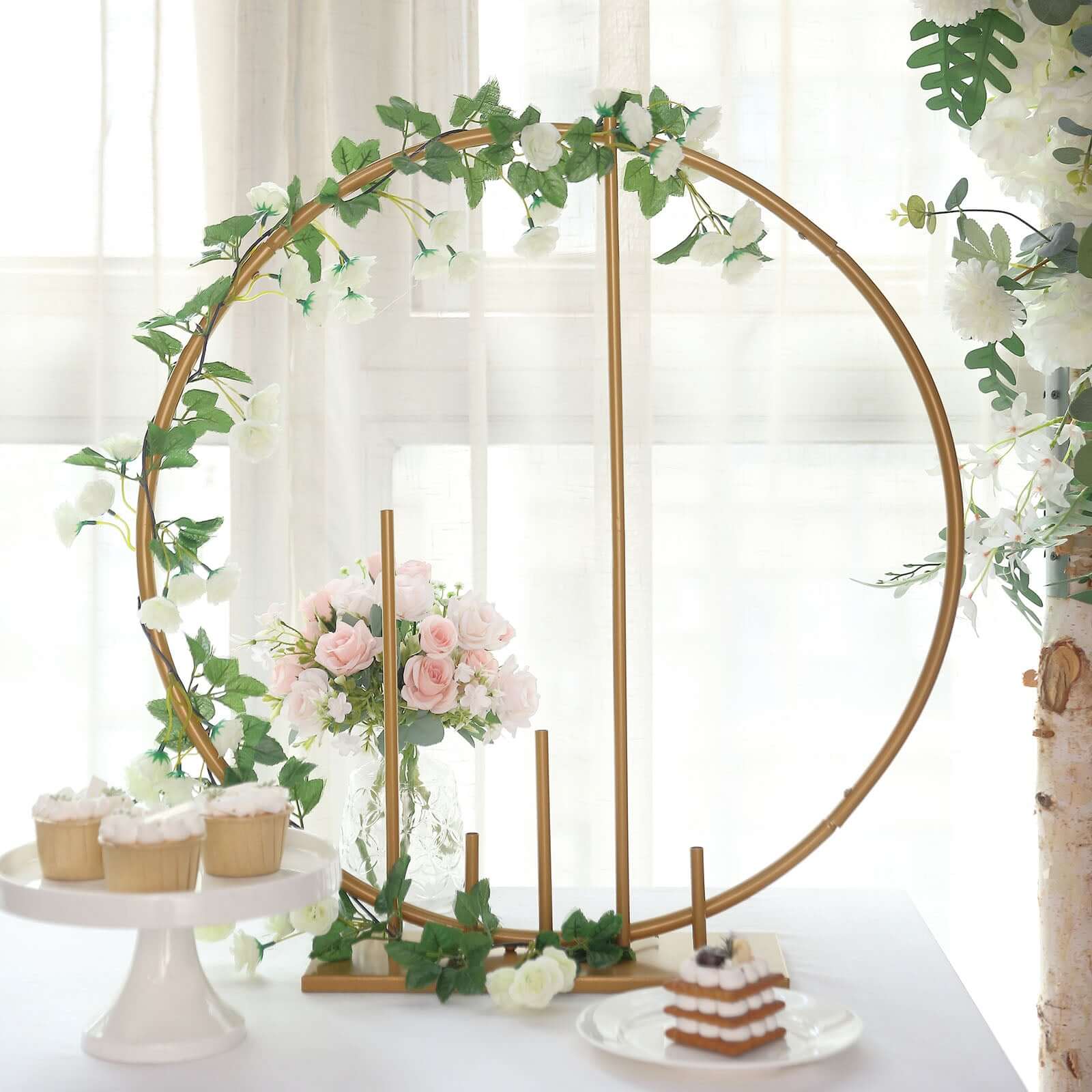 Round Floral Hoop Wedding Centerpiece Metal with Pillars Gold - Self-Standing Balloon Arch for Events 24