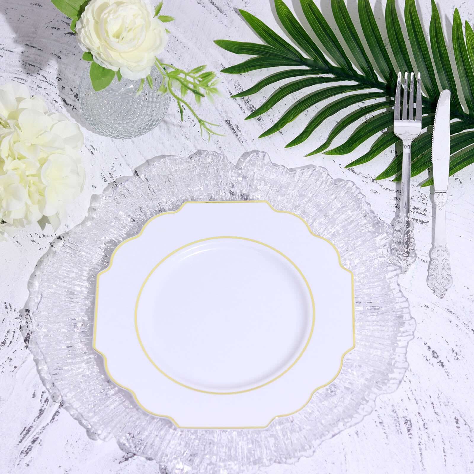 10-Pack Plastic Dessert Appetizer Plates in White Baroque Design with Scalloped Gold Rim - Heavy Duty Disposable Salad Plates for Formal Events & Banquets 8