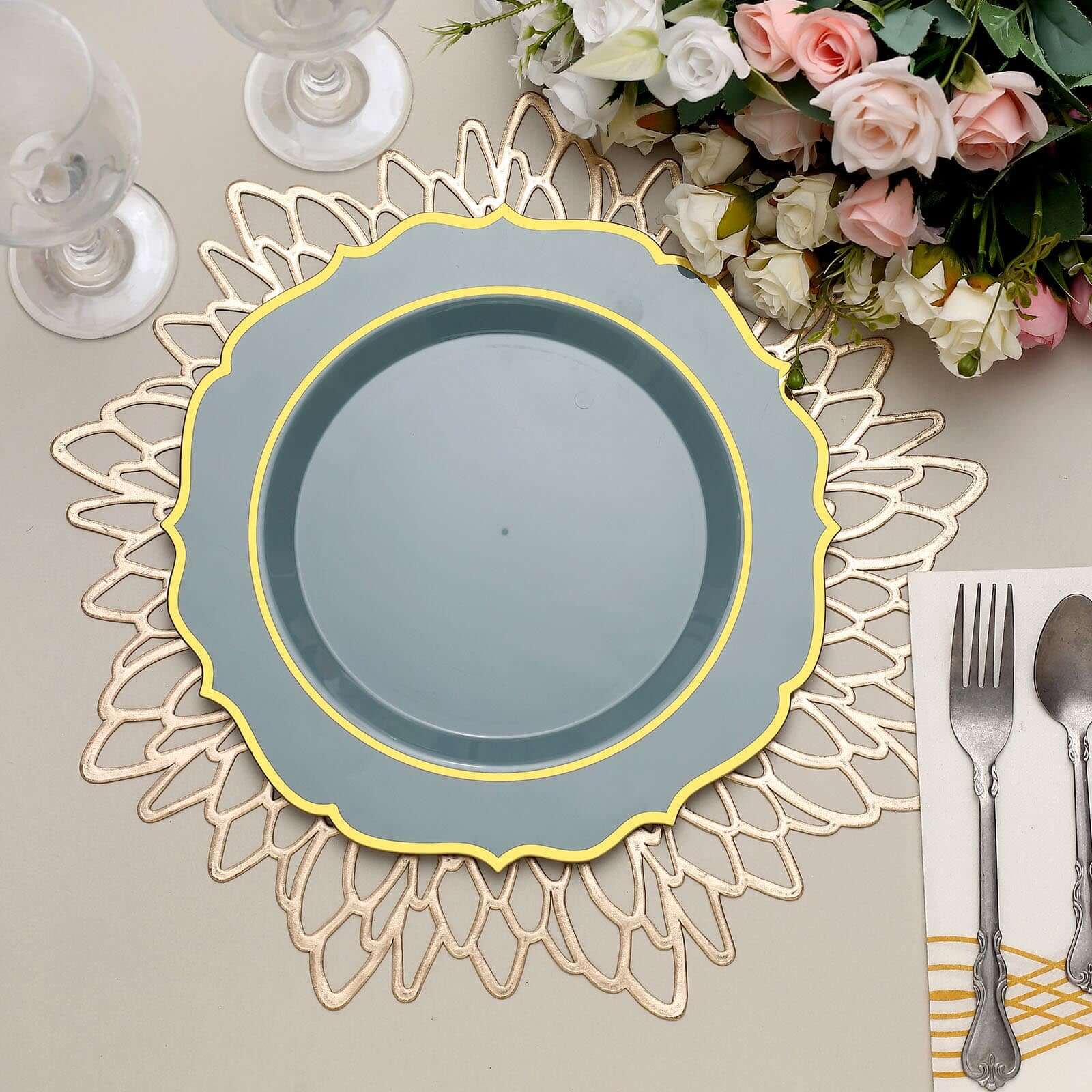 10-Pack Plastic 10 Round Dinner Plates in Dusty Blue with Gold Scalloped Rim - Disposable Party Plates