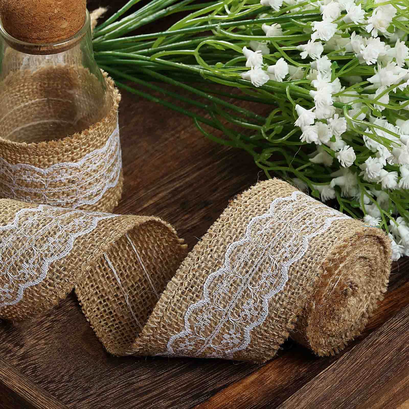 2 x 16FT Natural Jute Burlap Ribbon With Wavy Lace