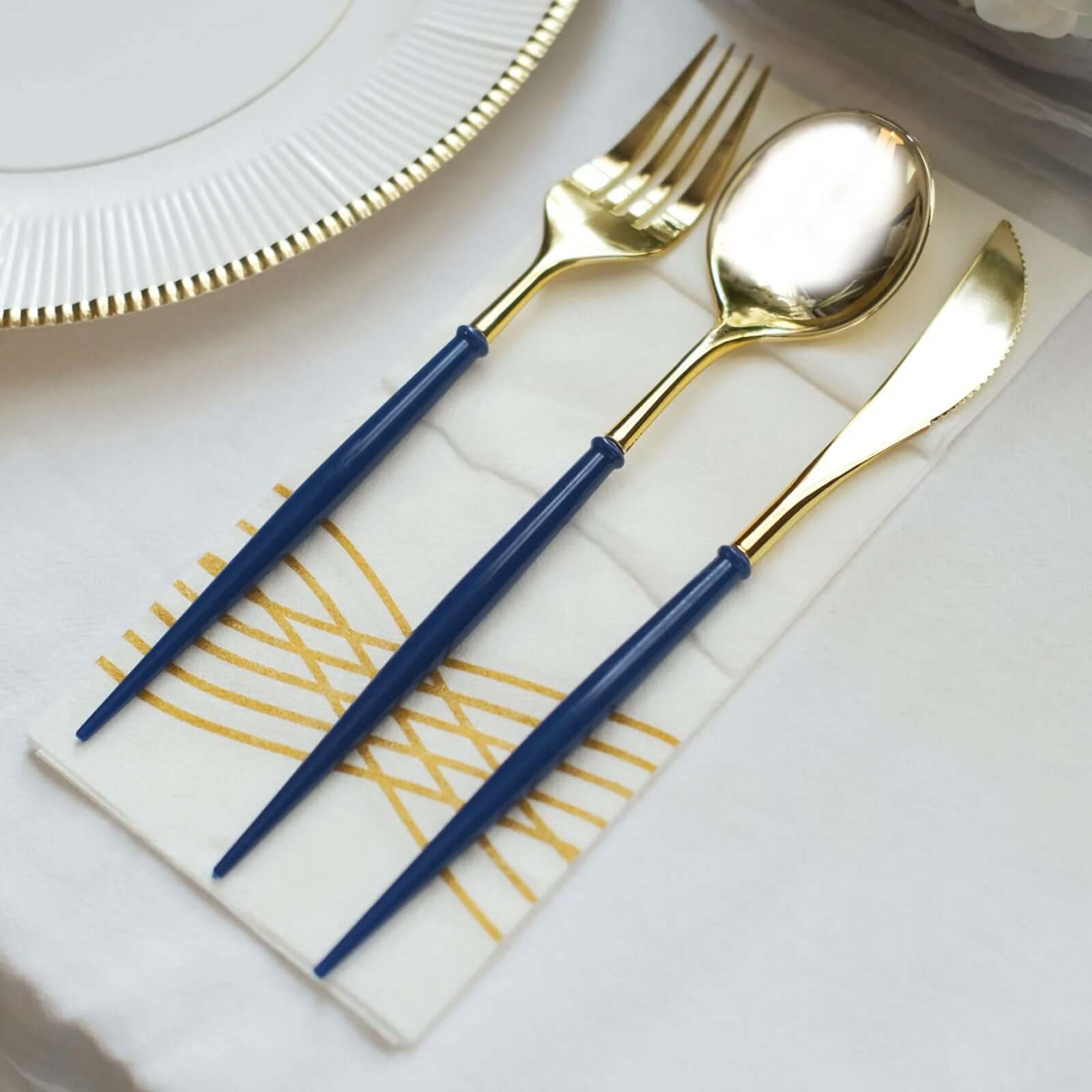 24-Pack Plastic Flatware Set in Metallic Gold with Royal Blue Handle - Heavy Duty Disposable Modern Silverware 8