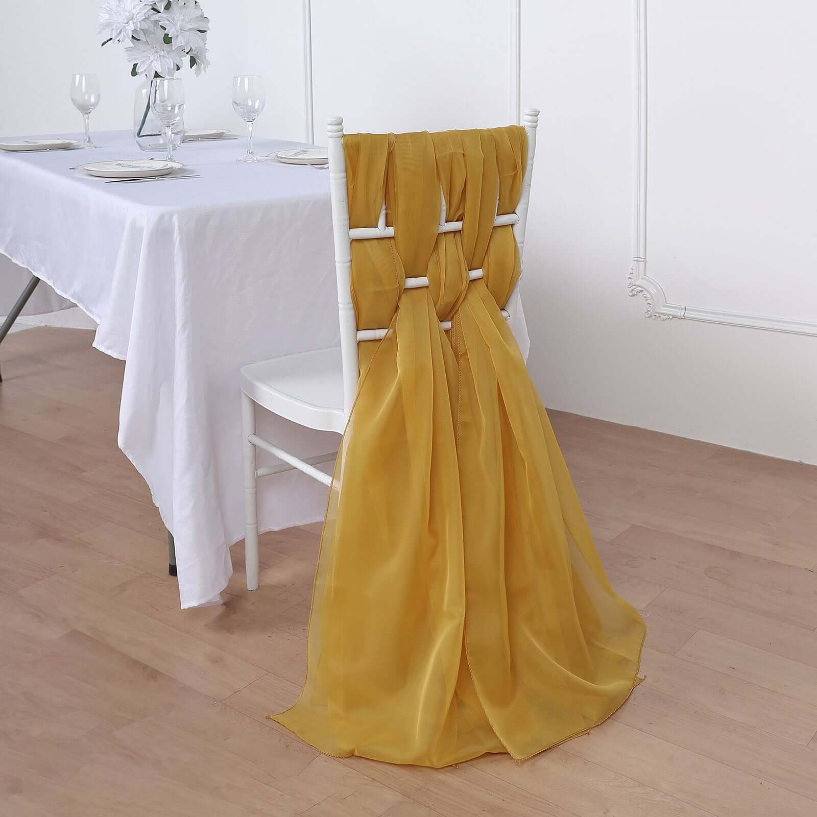 5 Pack Premium Chiffon Chair Sashes Mustard Yellow - Soft & Lightweight Designer Chair Bows 22x78