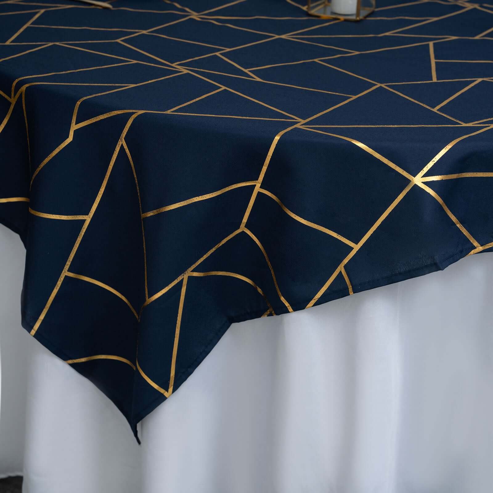 Polyester 54x54 Table Overlay Square Tablecloth Navy with Gold Foil Geometric Pattern - Wrinkle-Resistant & Durable Table Topper