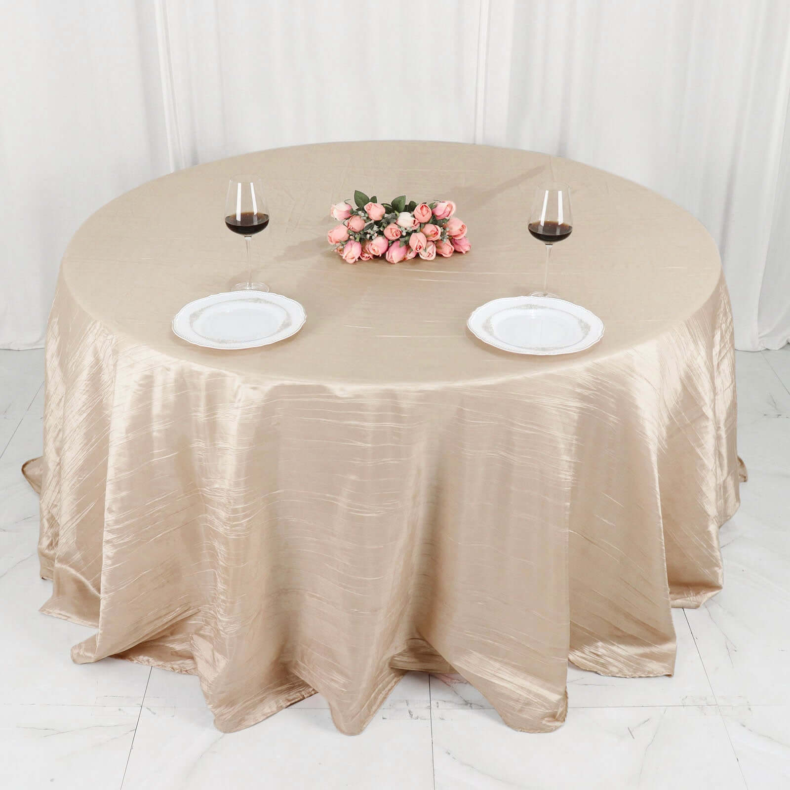 Taffeta 132 Round Tablecloth Beige - Seamless Accordion Crinkle Table Cover