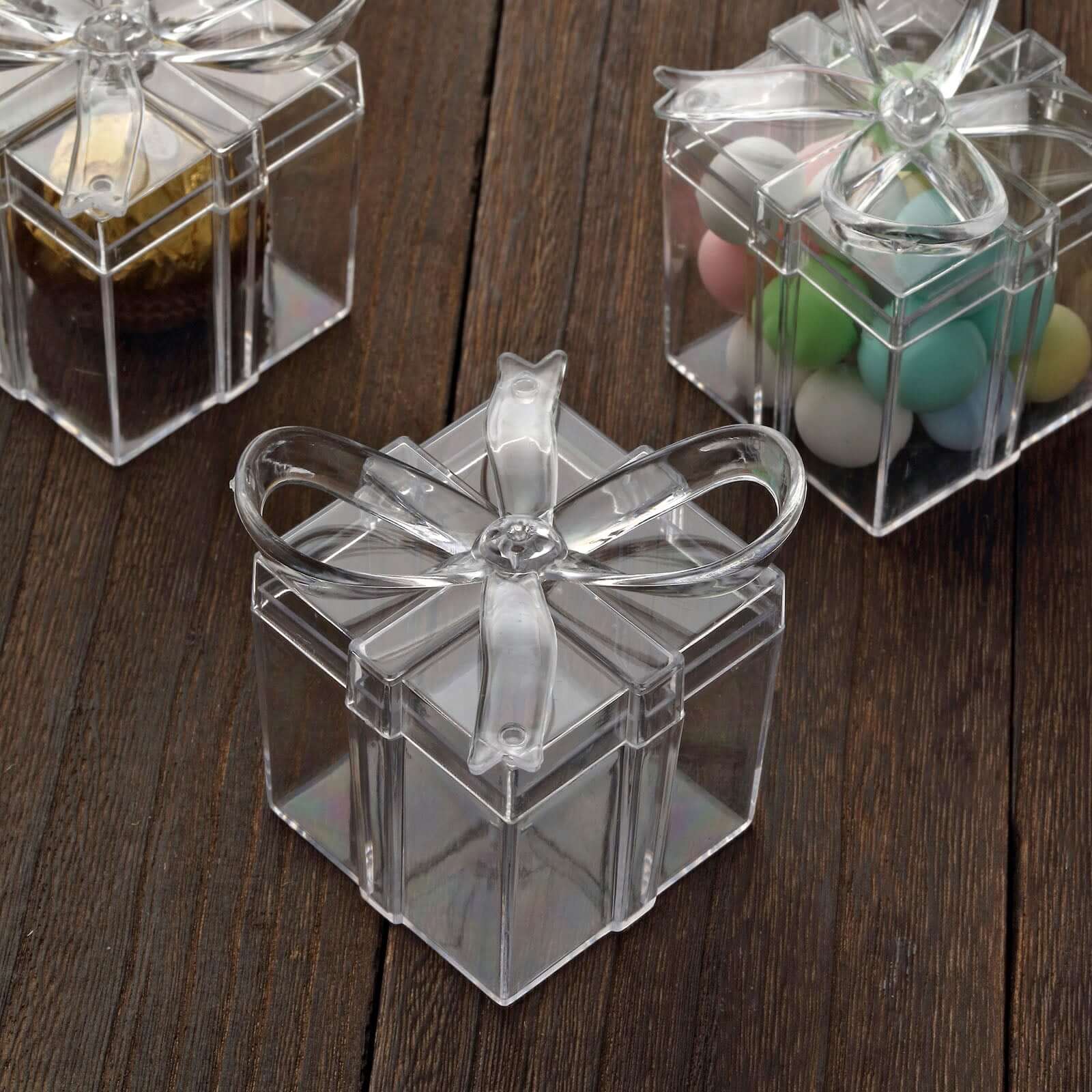 12 Pack 3 Square Clear Bow Top Plastic Party Favor Boxes, Transparent Candy Container Gift Boxes