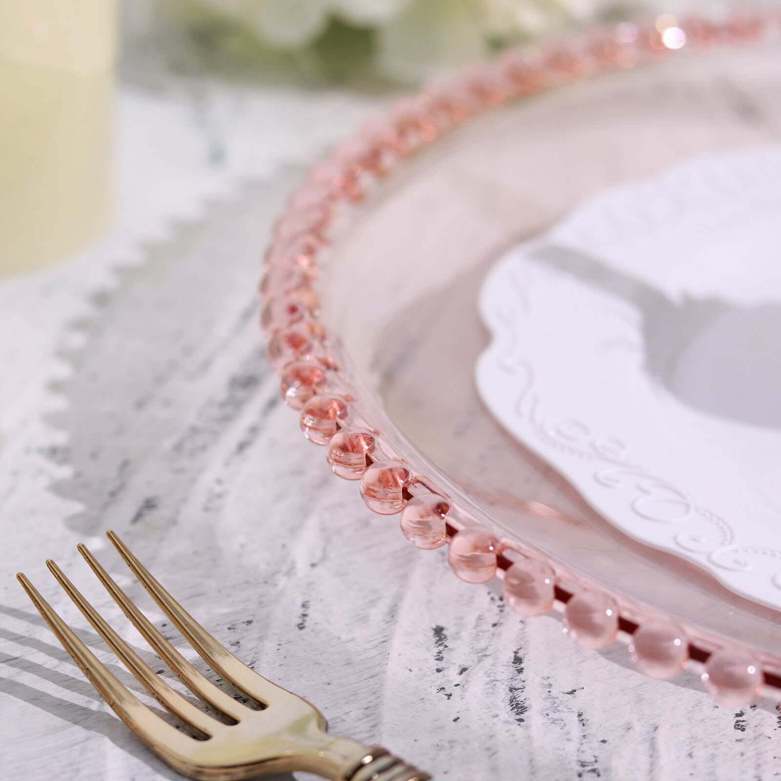 6-Pack Acrylic Round Charger Plates 13 in Transparent Blush with Beaded Rim, Decorative Dinner Party Serving Plates