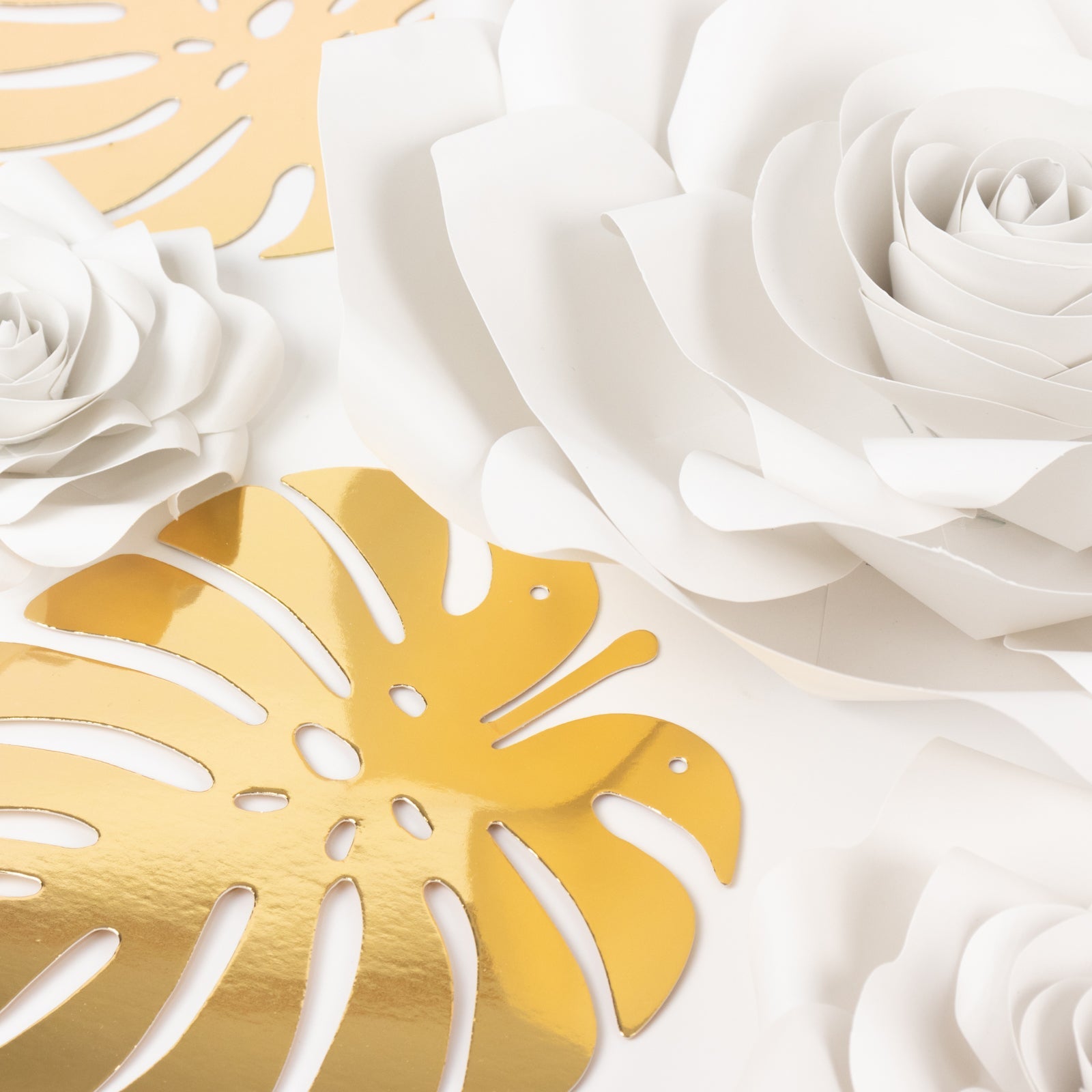 Set of 9 White 3D Rose Paper Flowers with Gold Tropical Palm Leaves, Party Flower Backdrop Hanging Wall Decor